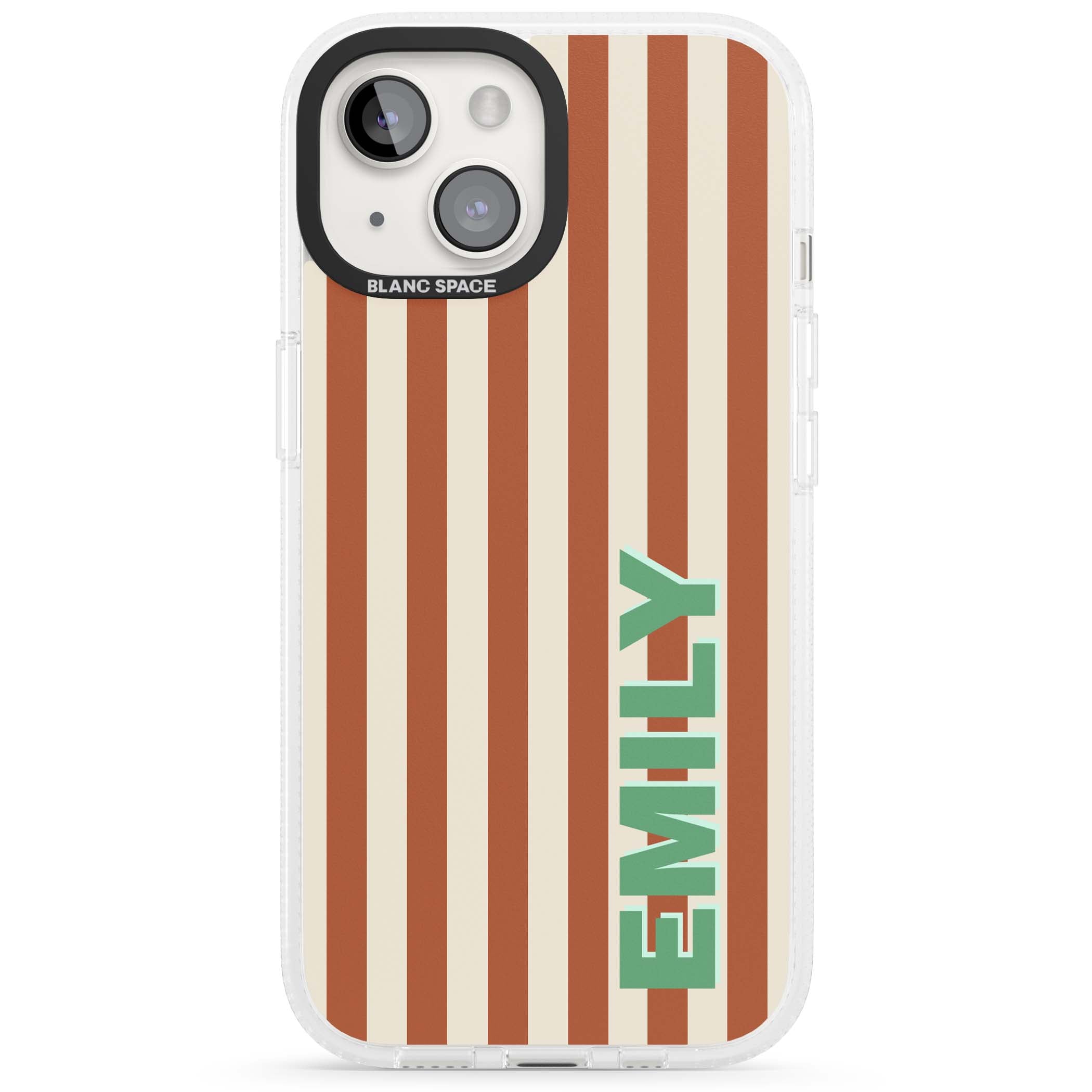Dune Stripe personalised iPhone case with rust and cream vertical stripes and custom name in mint green | Clear Case Impact Air case for iPhone 15, iPhone 15 Plus