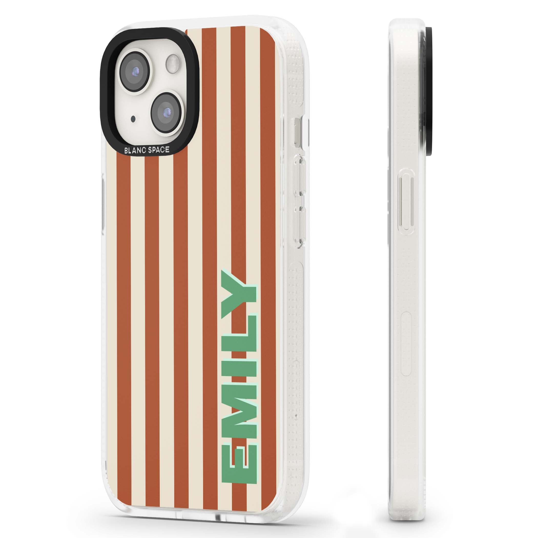 Dune Stripe personalised iPhone case with rust and cream vertical stripes and custom name in mint green | Clear Case Impact Air case for iPhone 15, iPhone 15 Plus