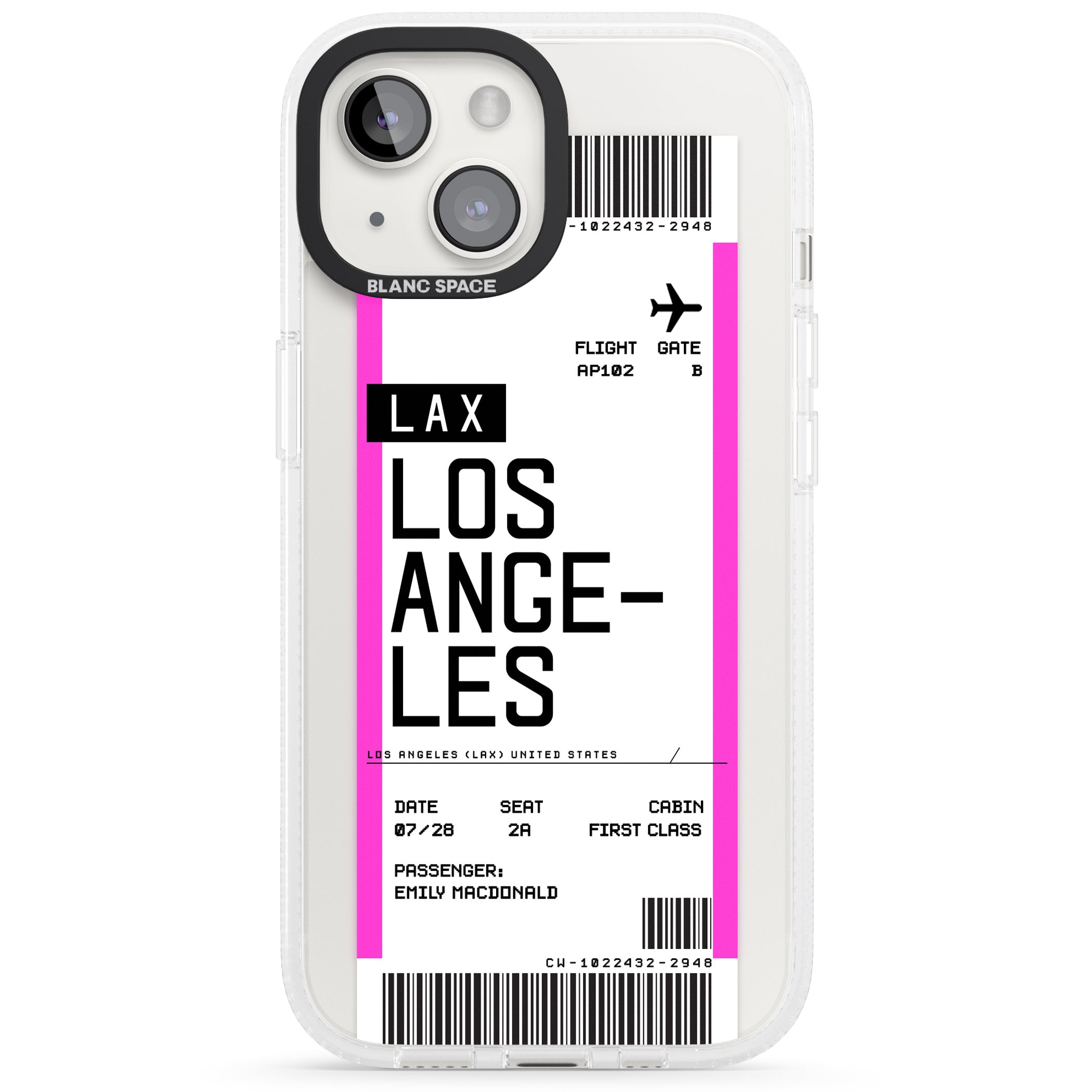 Personalised Los Angeles Boarding Pass iPhone 15 / 14 / 13 Clear Case Impact Air - Blanc Space