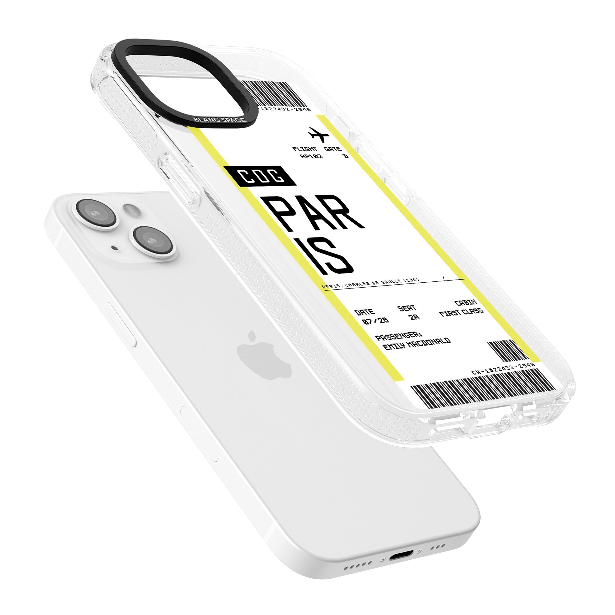 Personalised Paris Boarding Pass iPhone 15 / 14 / 13 Clear Case Impact Air - Blanc Space