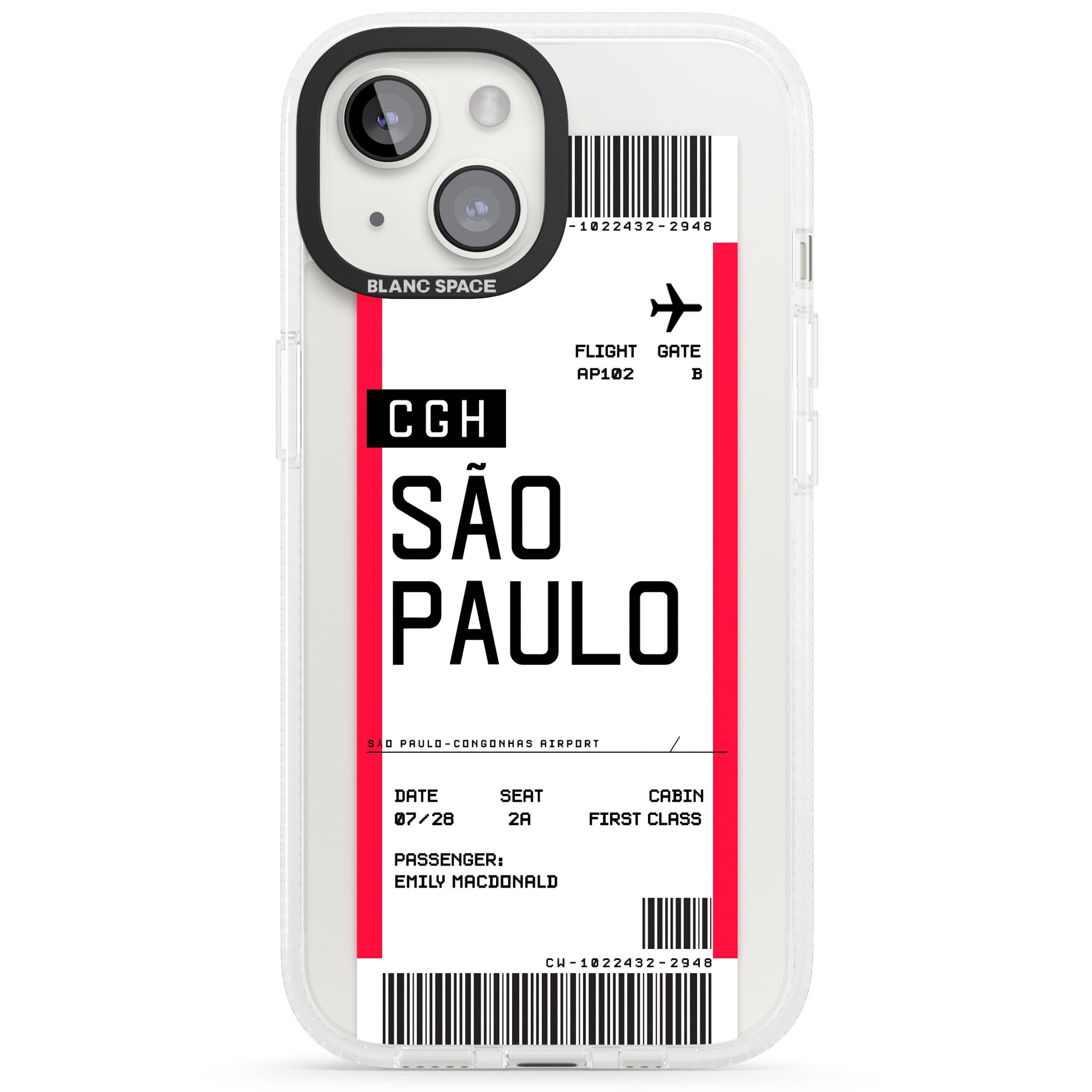 Personalised São Paulo Boarding Pass iPhone 15 / 14 / 13 Clear Case Impact Air - Blanc Space