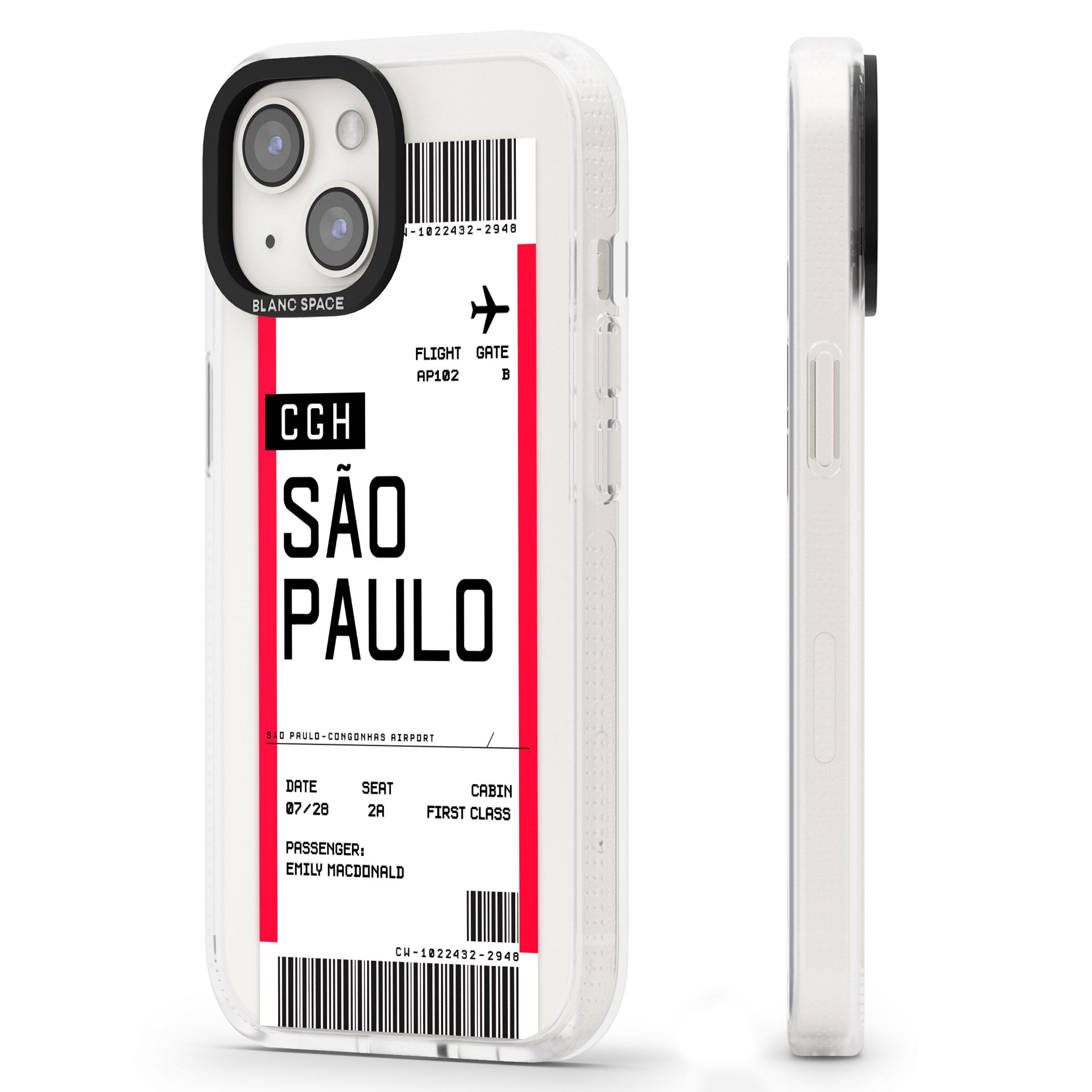 Personalised São Paulo Boarding Pass iPhone 15 / 14 / 13 Clear Case Impact Air - Blanc Space