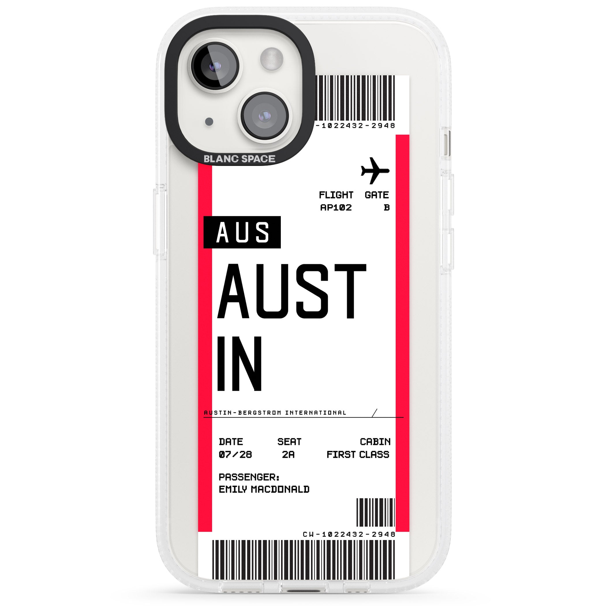 Personalised Austin Boarding Pass iPhone 15 / 14 / 13 Clear Case Impact Air - Blanc Space
