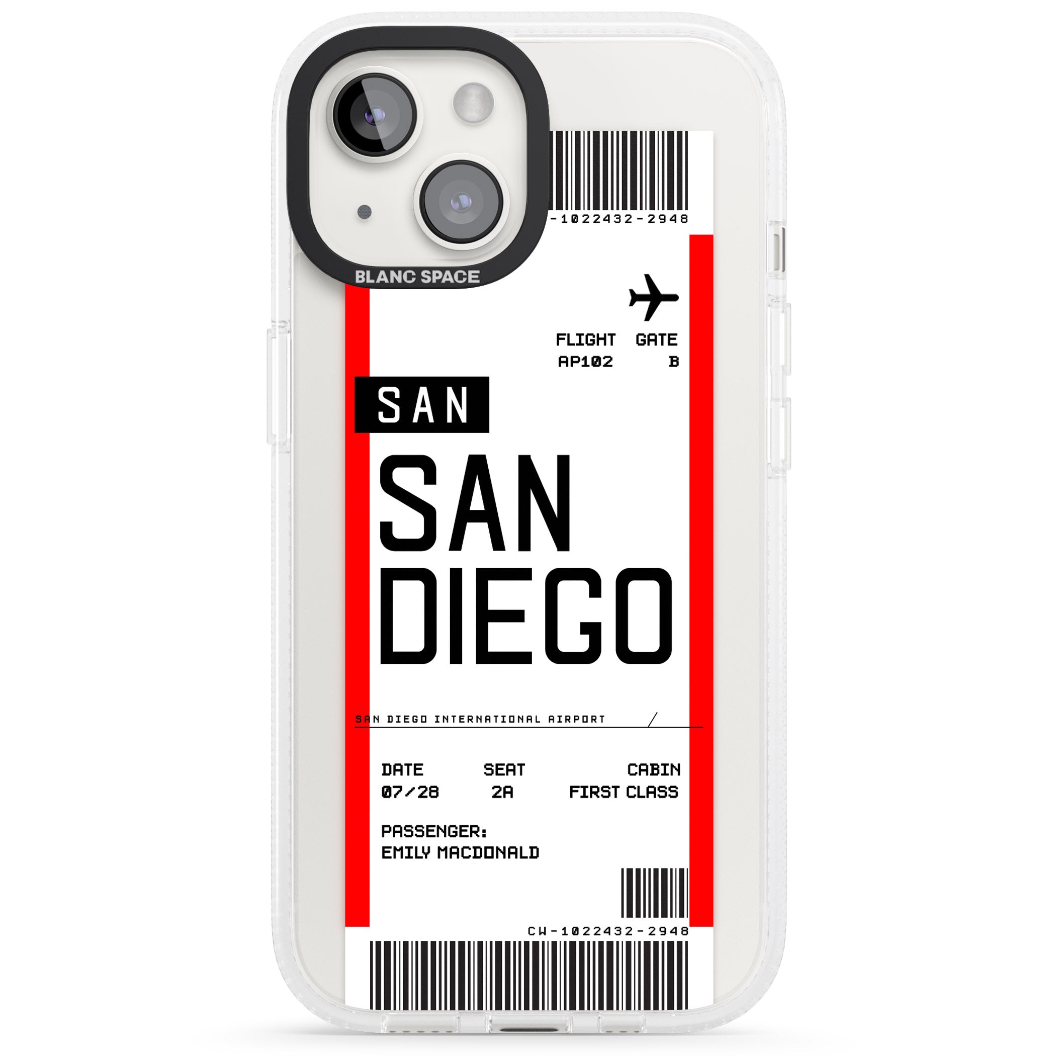 Personalised San Diego Boarding Pass iPhone 15 / 14 / 13 Clear Case Impact Air - Blanc Space