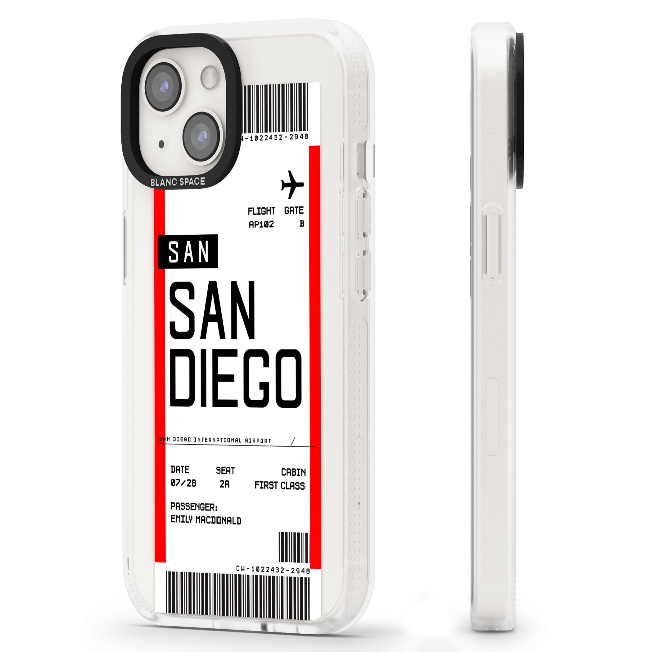 Personalised San Diego Boarding Pass iPhone 15 / 14 / 13 Clear Case Impact Air - Blanc Space