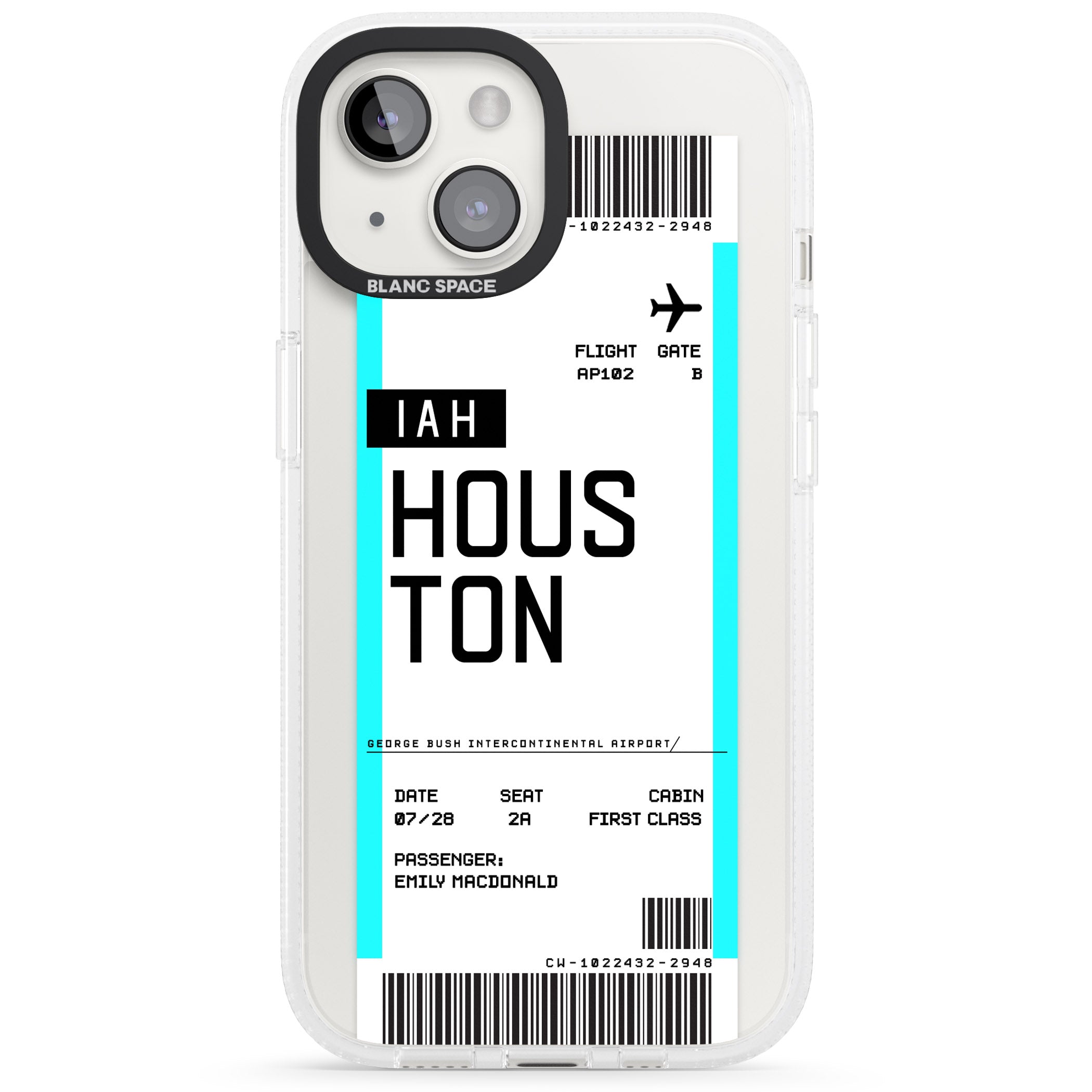 Personalised Houston Boarding Pass iPhone 15 / 14 / 13 Clear Case Impact Air - Blanc Space