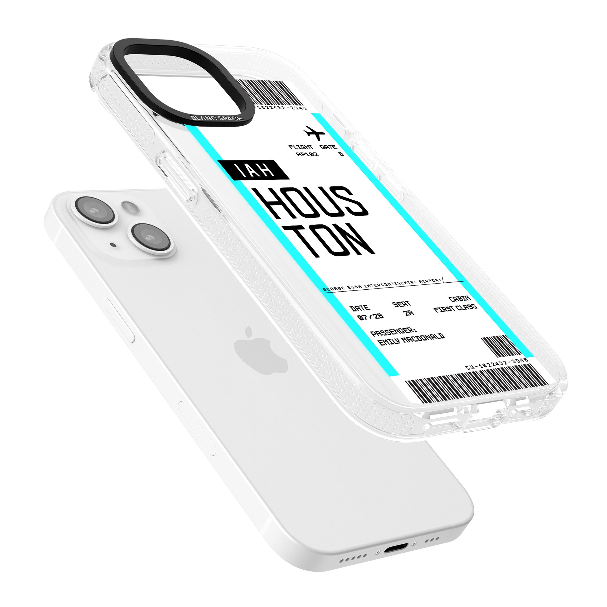 Personalised Houston Boarding Pass iPhone 15 / 14 / 13 Clear Case Impact Air - Blanc Space