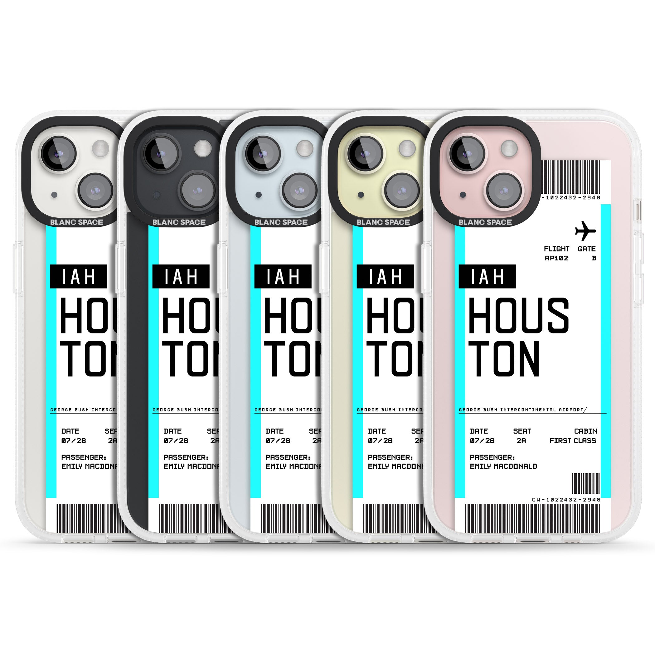 Personalised Houston Boarding Pass iPhone 15 / 14 / 13 Clear Case Impact Air - Blanc Space