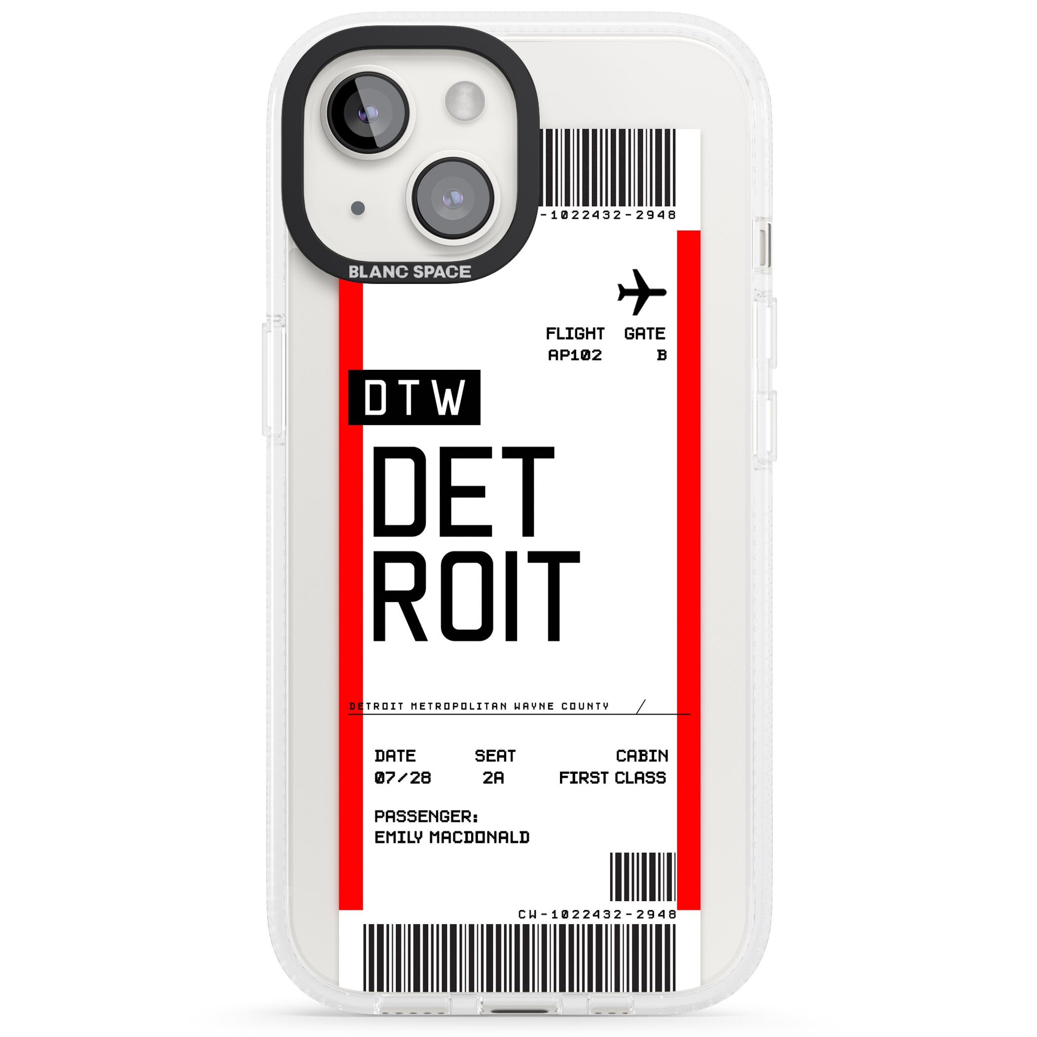 Personalised Detroit Boarding Pass iPhone 15 / 14 / 13 Clear Case Impact Air - Blanc Space