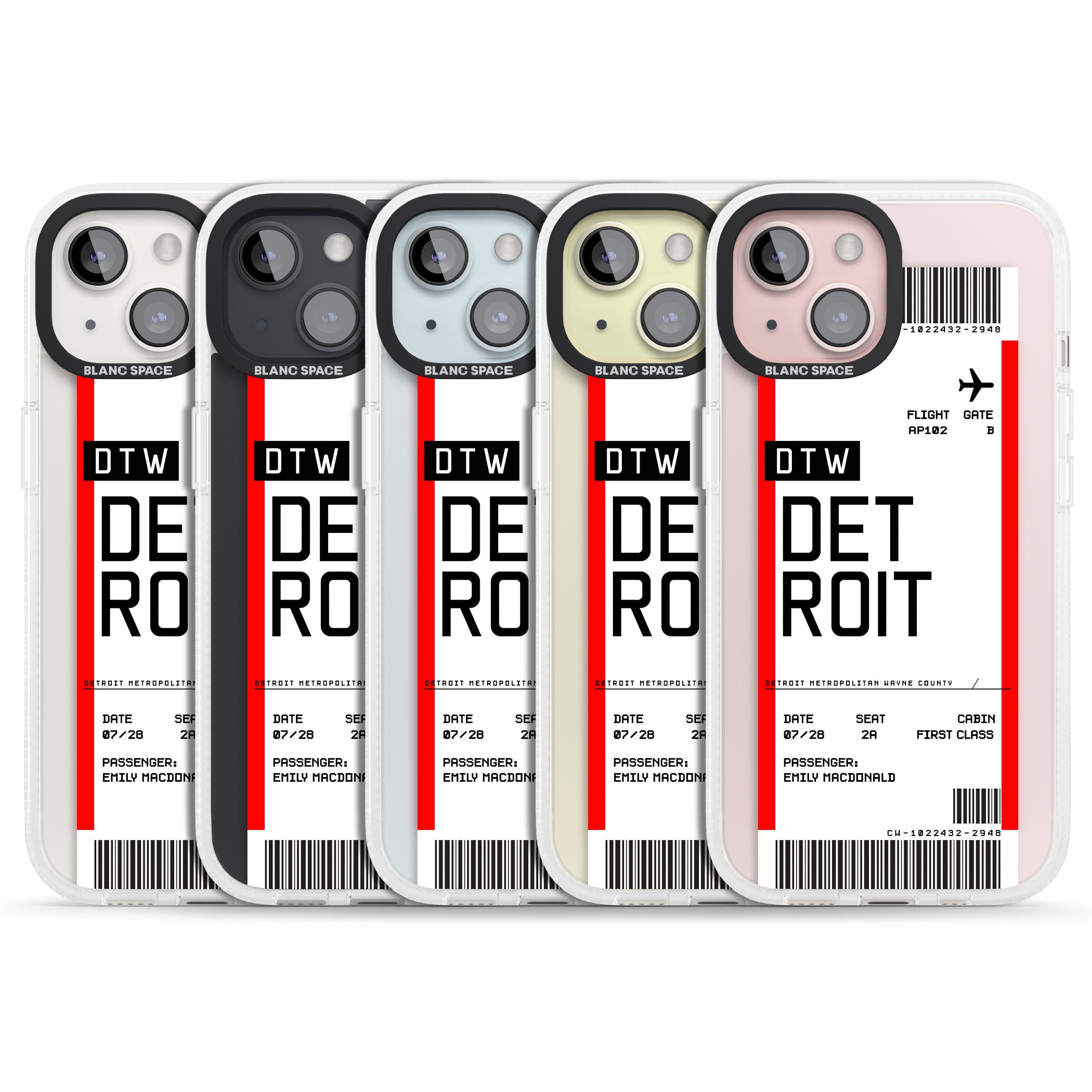 Personalised Detroit Boarding Pass iPhone 15 / 14 / 13 Clear Case Impact Air - Blanc Space