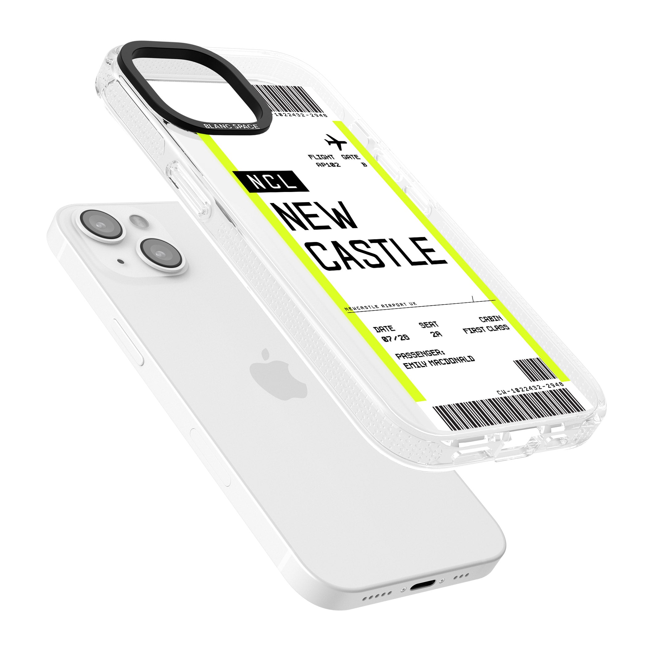 Personalised Newcastle Boarding Pass iPhone 15 / 14 / 13 Clear Case Impact Air - Blanc Space