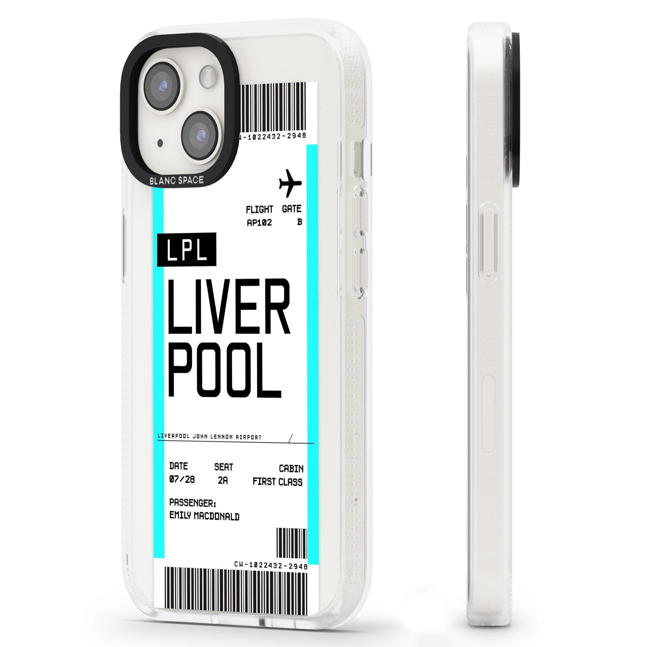 Personalised Liverpool Boarding Pass iPhone 15 / 14 / 13 Clear Case Impact Air - Blanc Space