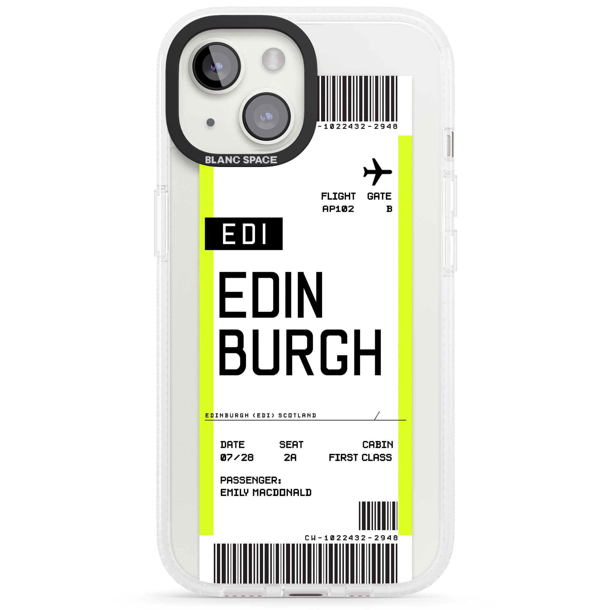 Personalised Edinburgh Boarding Pass iPhone 15 / 14 / 13 Clear Case Impact Air - Blanc Space
