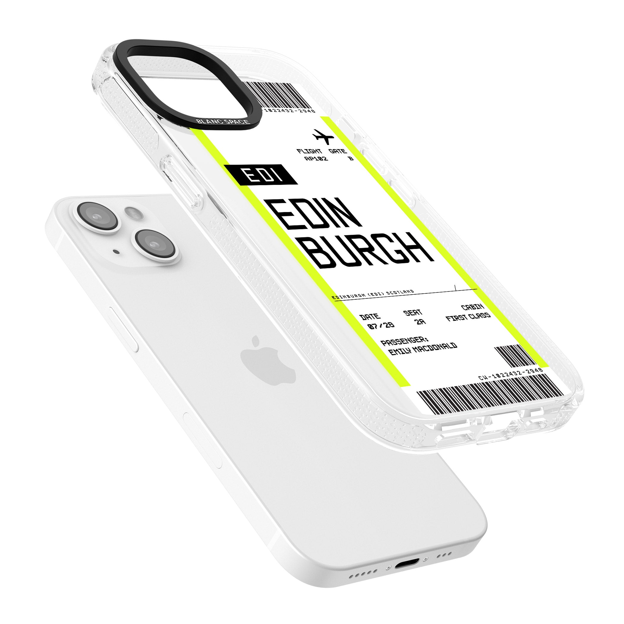 Personalised Edinburgh Boarding Pass iPhone 15 / 14 / 13 Clear Case Impact Air - Blanc Space
