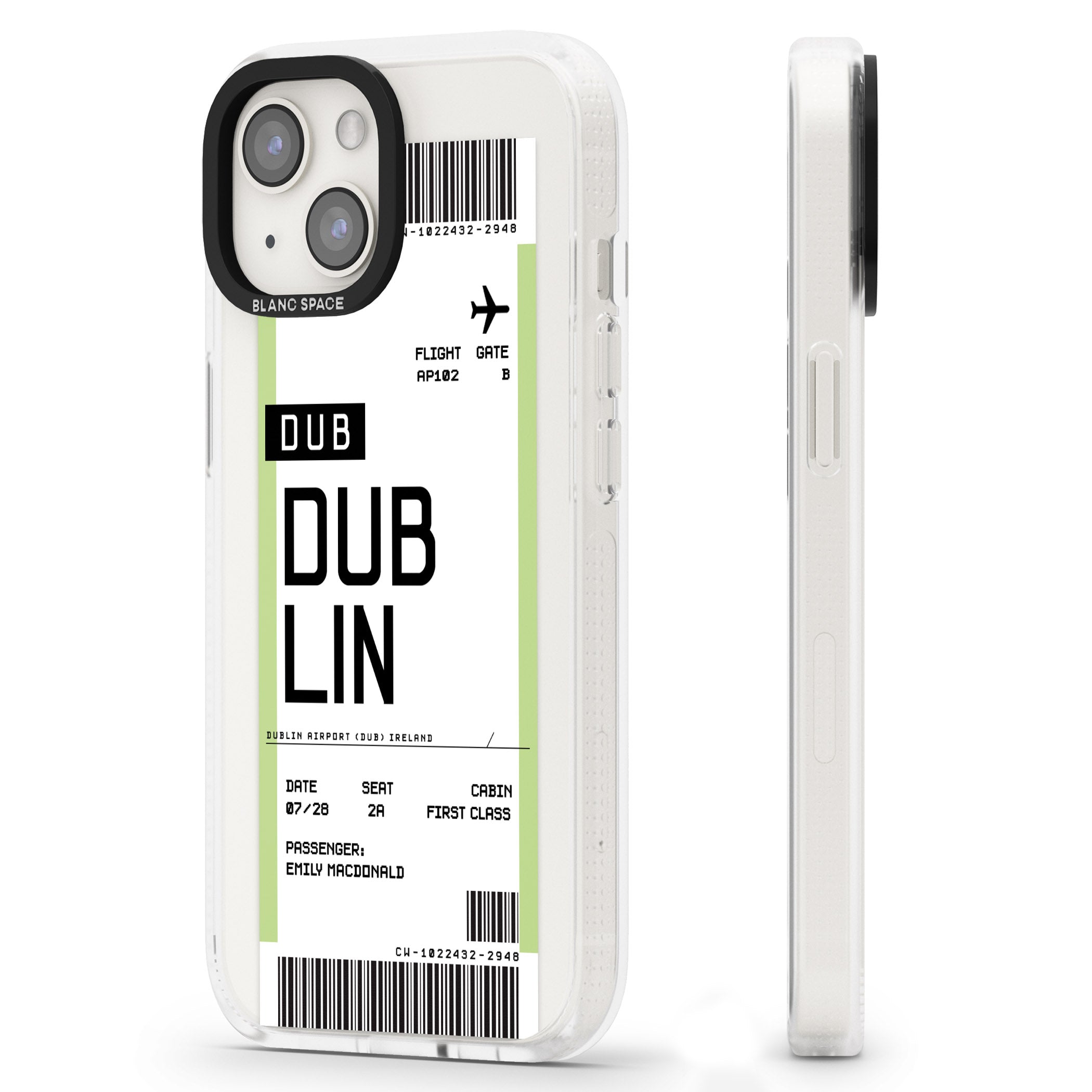 Personalised Dublin Boarding Pass iPhone 15 / 14 / 13 Clear Case Impact Air - Blanc Space