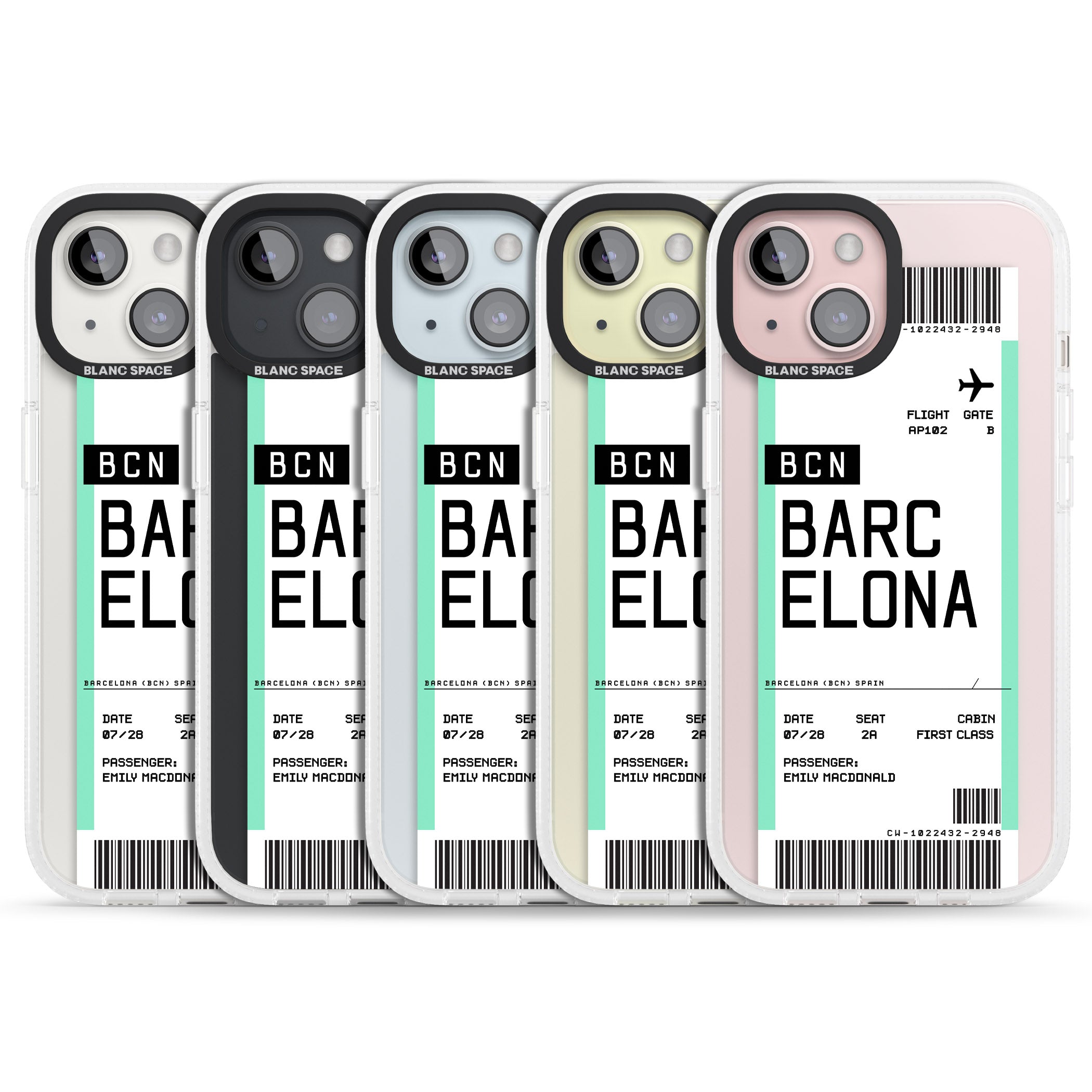 Personalised Barcelona Boarding Pass iPhone 15 / 14 / 13 Clear Case Impact Air - Blanc Space