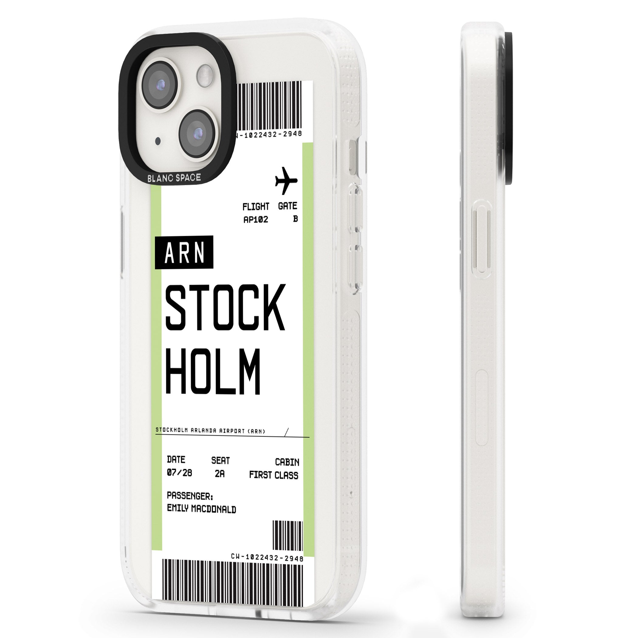 Personalised Stockholm Boarding Pass iPhone 15 / 14 / 13 Clear Case Impact Air - Blanc Space