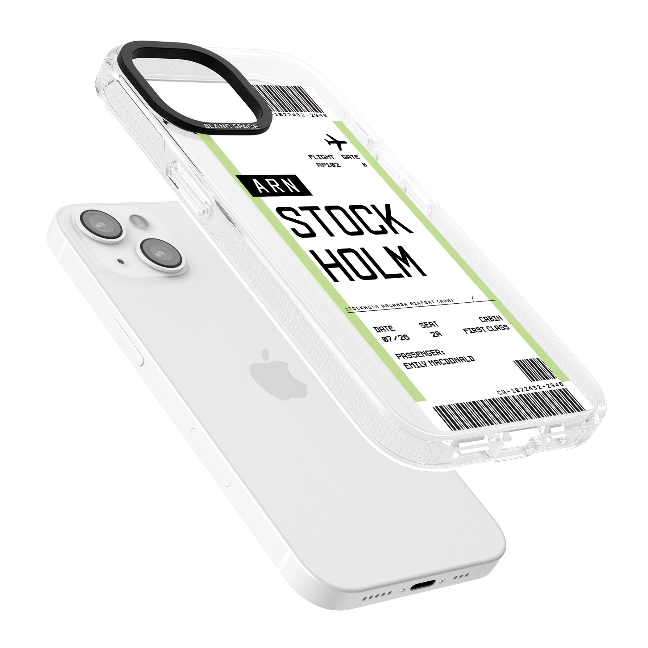 Personalised Stockholm Boarding Pass iPhone 15 / 14 / 13 Clear Case Impact Air - Blanc Space