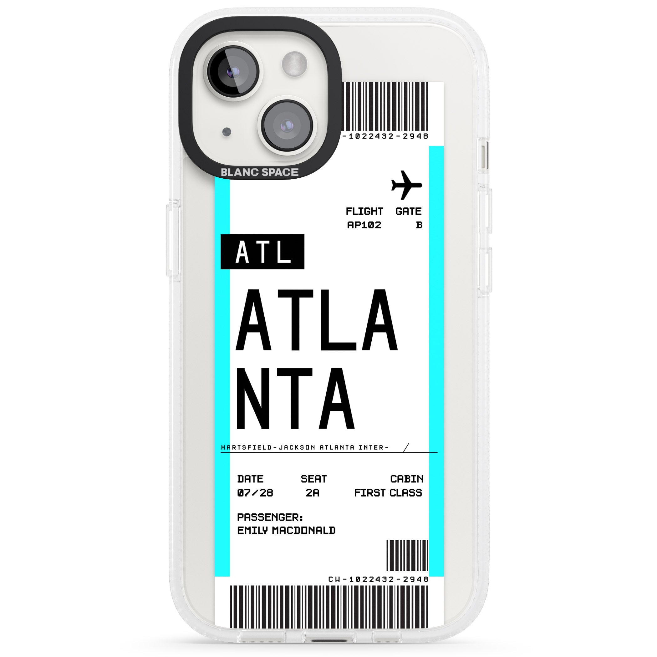 Personalised Atlanta Boarding Pass iPhone 15 / 14 / 13 Clear Case Impact Air - Blanc Space