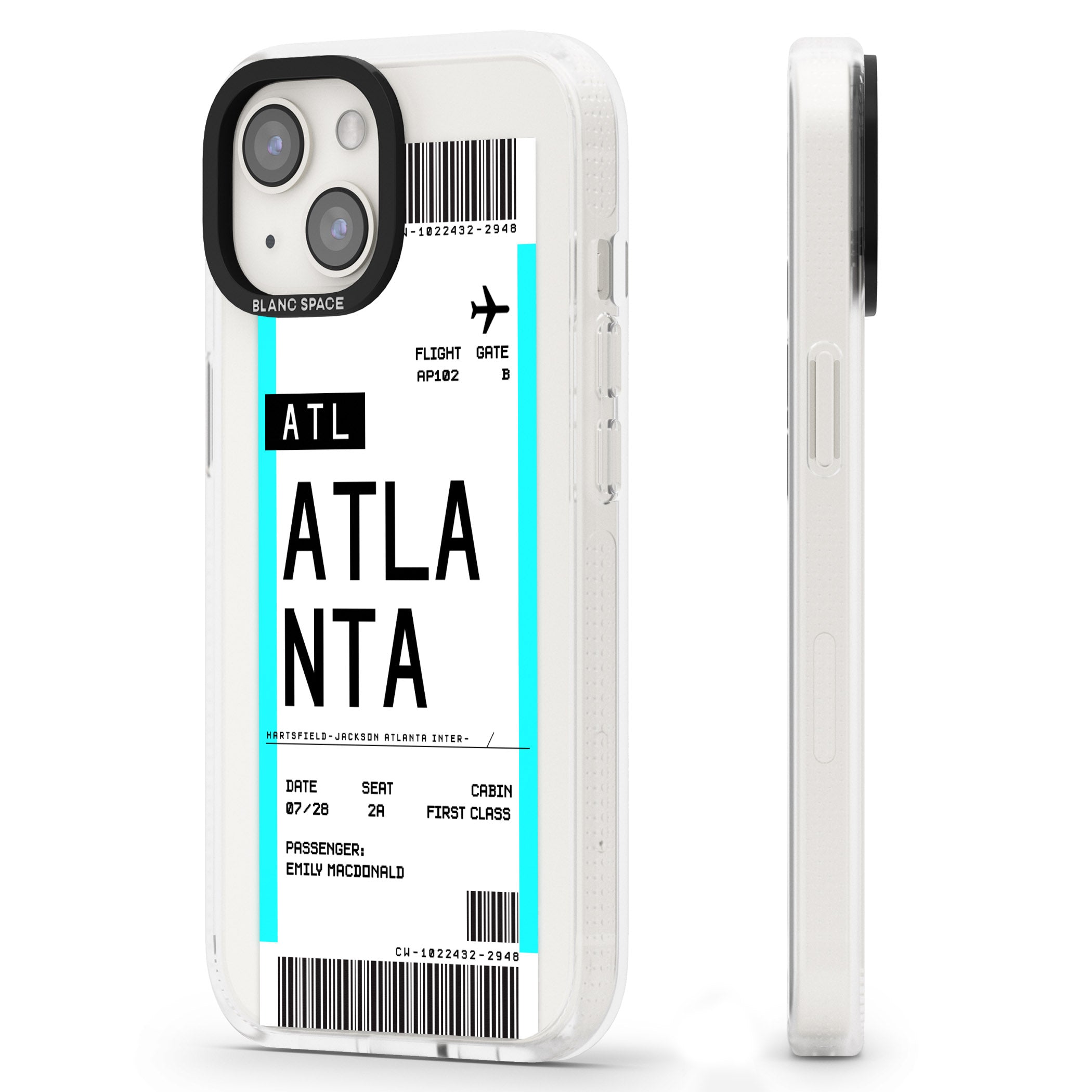 Personalised Atlanta Boarding Pass iPhone 15 / 14 / 13 Clear Case Impact Air - Blanc Space