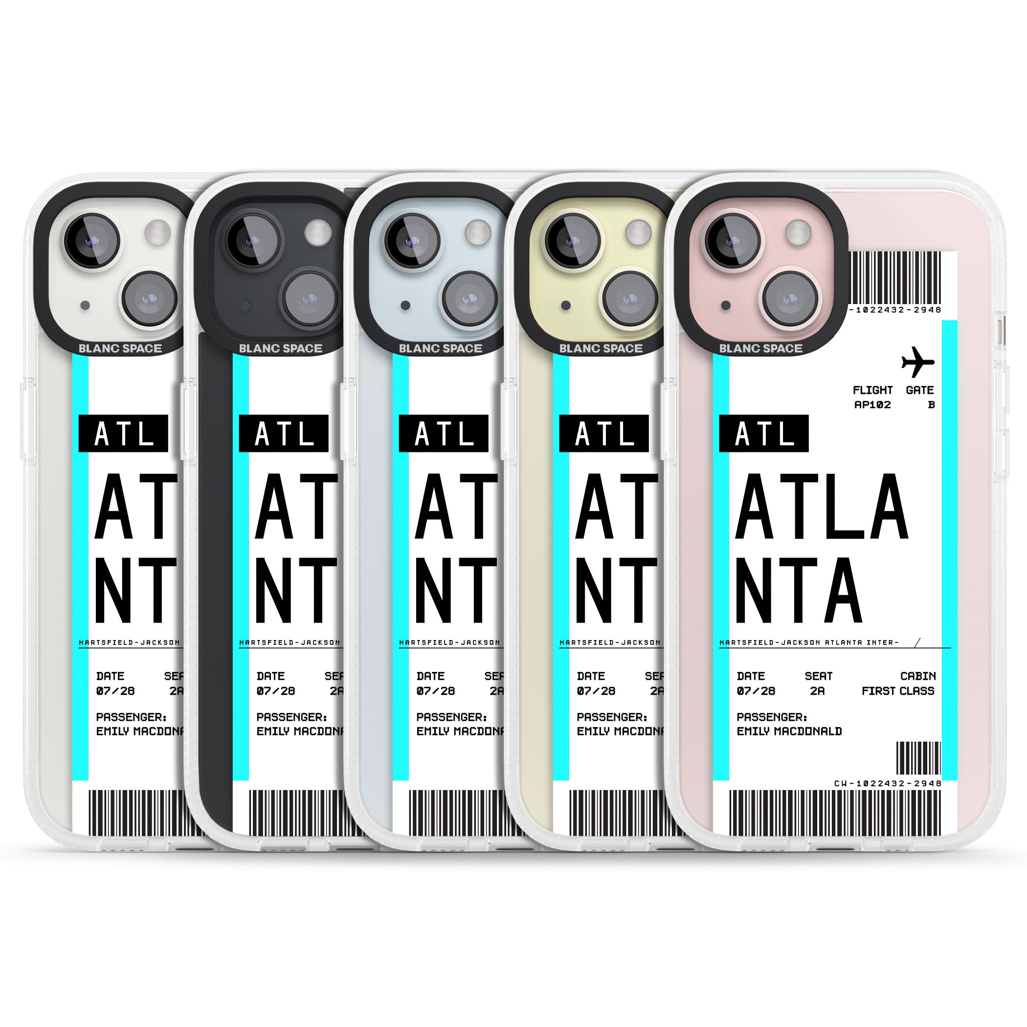 Personalised Atlanta Boarding Pass iPhone 15 / 14 / 13 Clear Case Impact Air - Blanc Space