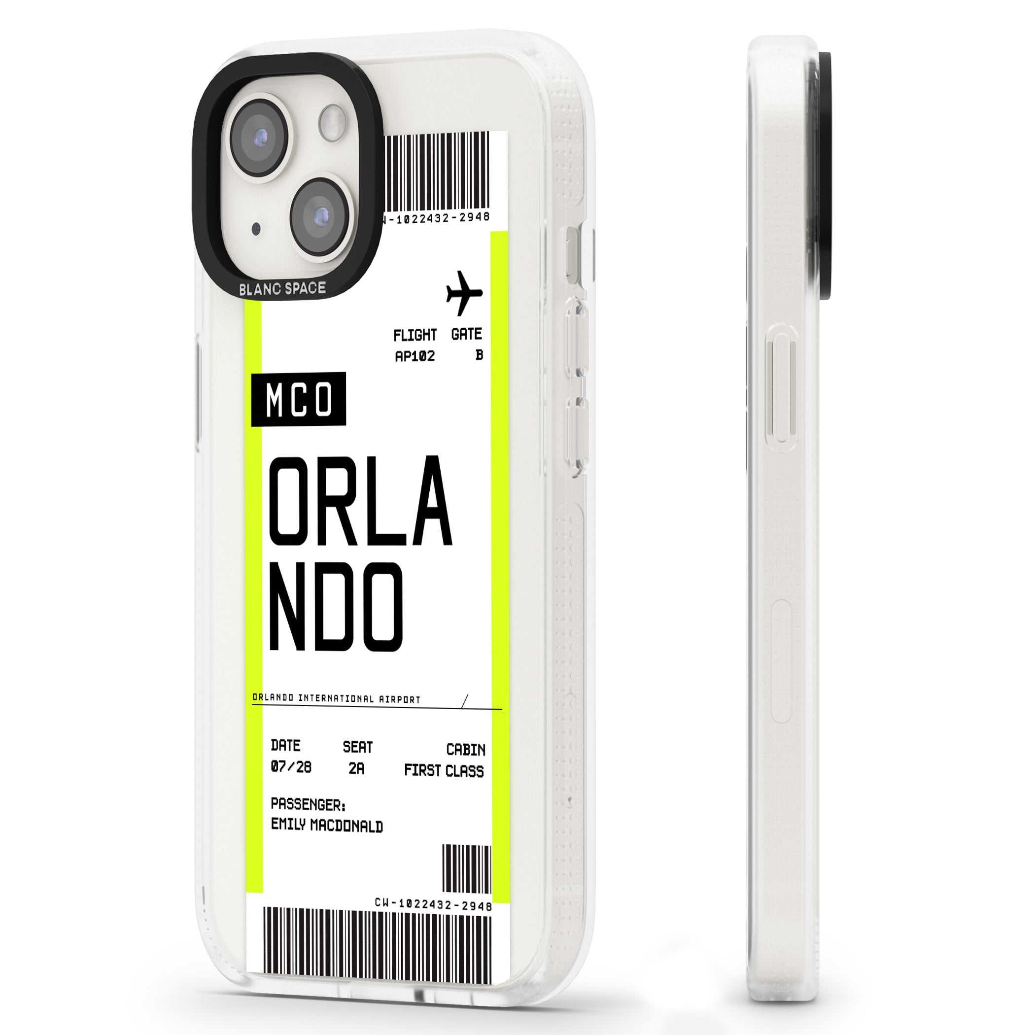 Personalised Orlando Boarding Pass iPhone 15 / 14 / 13 Clear Case Impact Air - Blanc Space