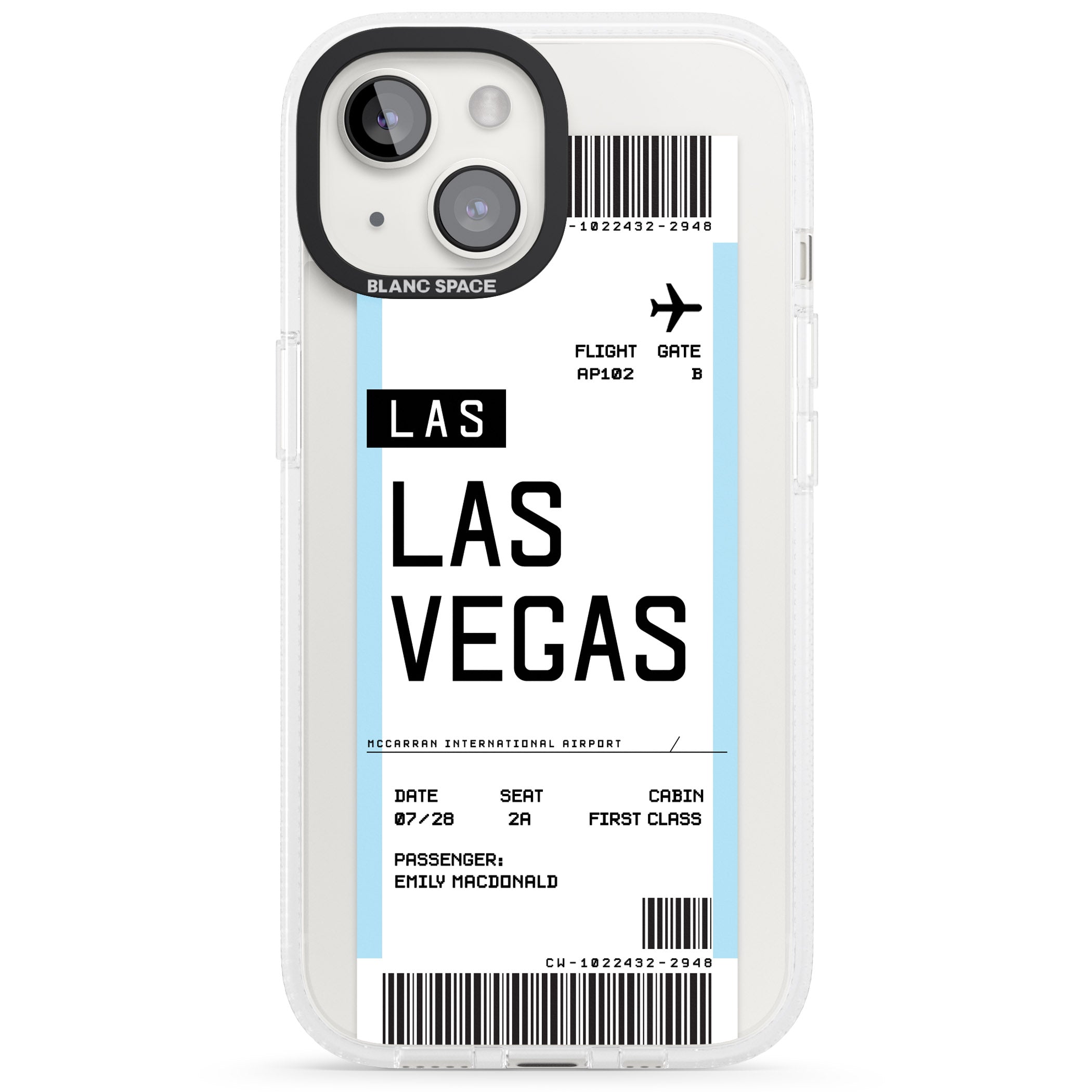 Personalised Las Vegas Boarding Pass iPhone 15 / 14 / 13 Clear Case Impact Air - Blanc Space