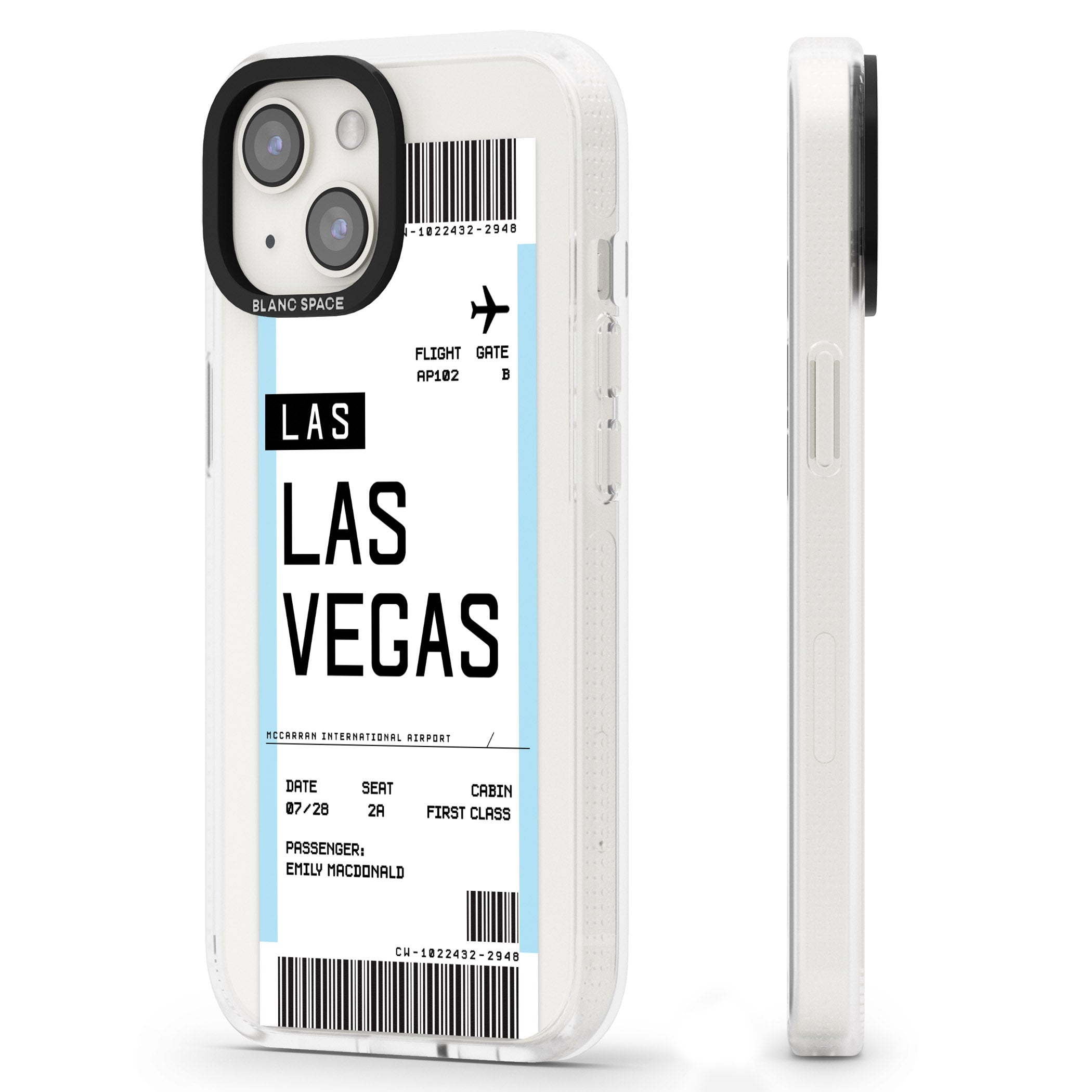 Personalised Las Vegas Boarding Pass iPhone 15 / 14 / 13 Clear Case Impact Air - Blanc Space