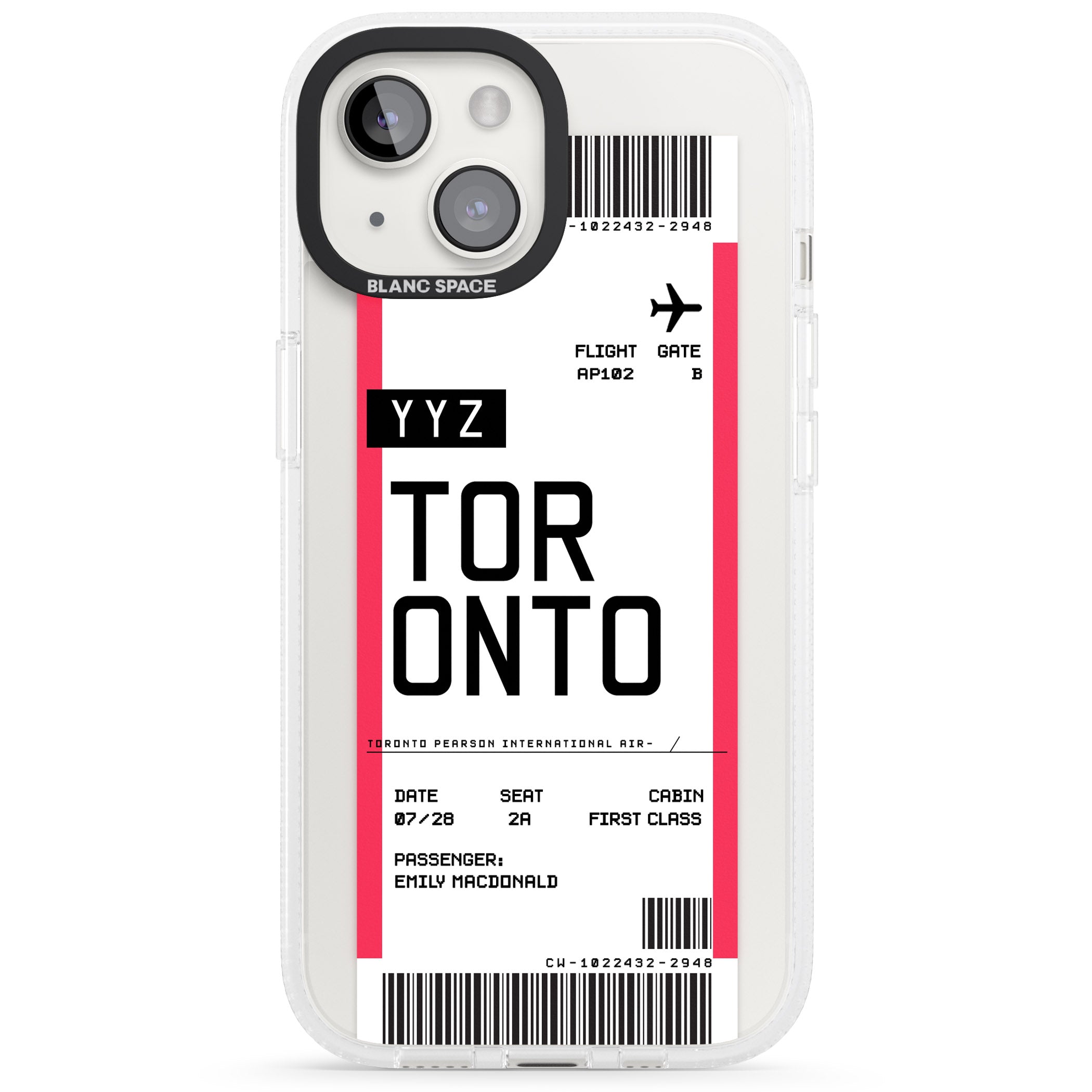 Personalised Toronto Boarding Pass iPhone 15 / 14 / 13 Clear Case Impact Air - Blanc Space