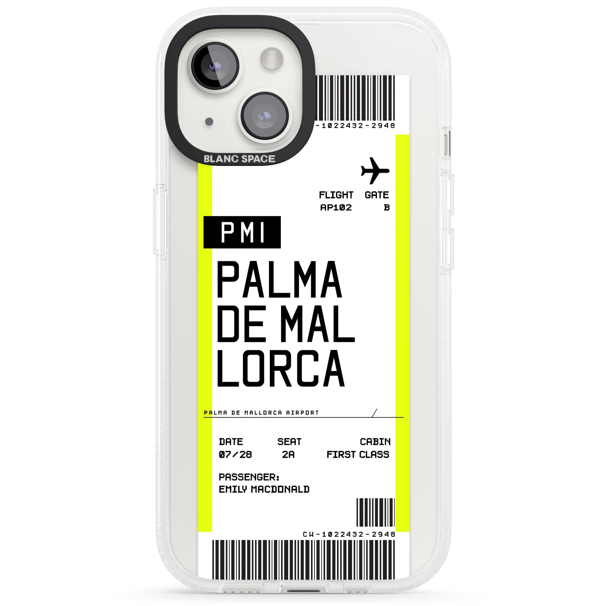Personalised Palma De Mallorca Boarding Pass iPhone 15 / 14 / 13 Clear Case Impact Air - Blanc Space