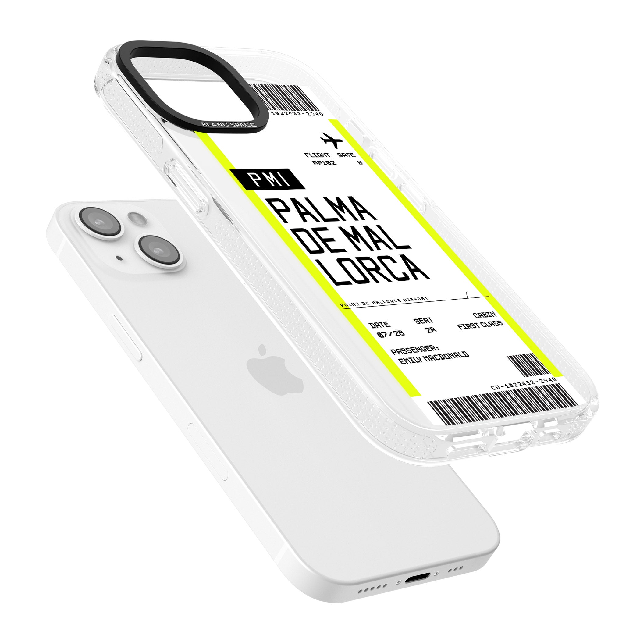 Personalised Palma De Mallorca Boarding Pass iPhone 15 / 14 / 13 Clear Case Impact Air - Blanc Space