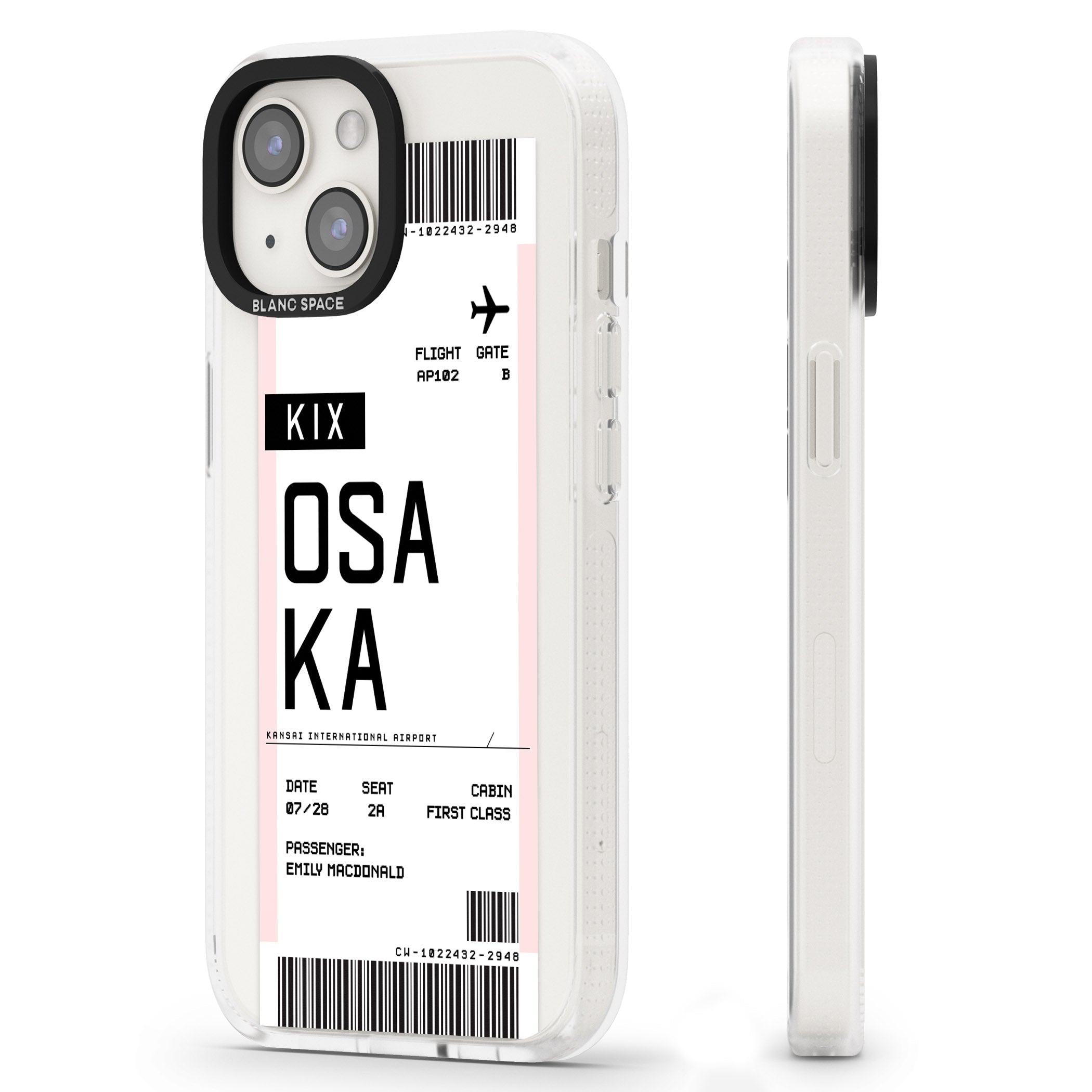 Personalised Osaka Boarding Pass iPhone 15 / 14 / 13 Clear Case Impact Air - Blanc Space