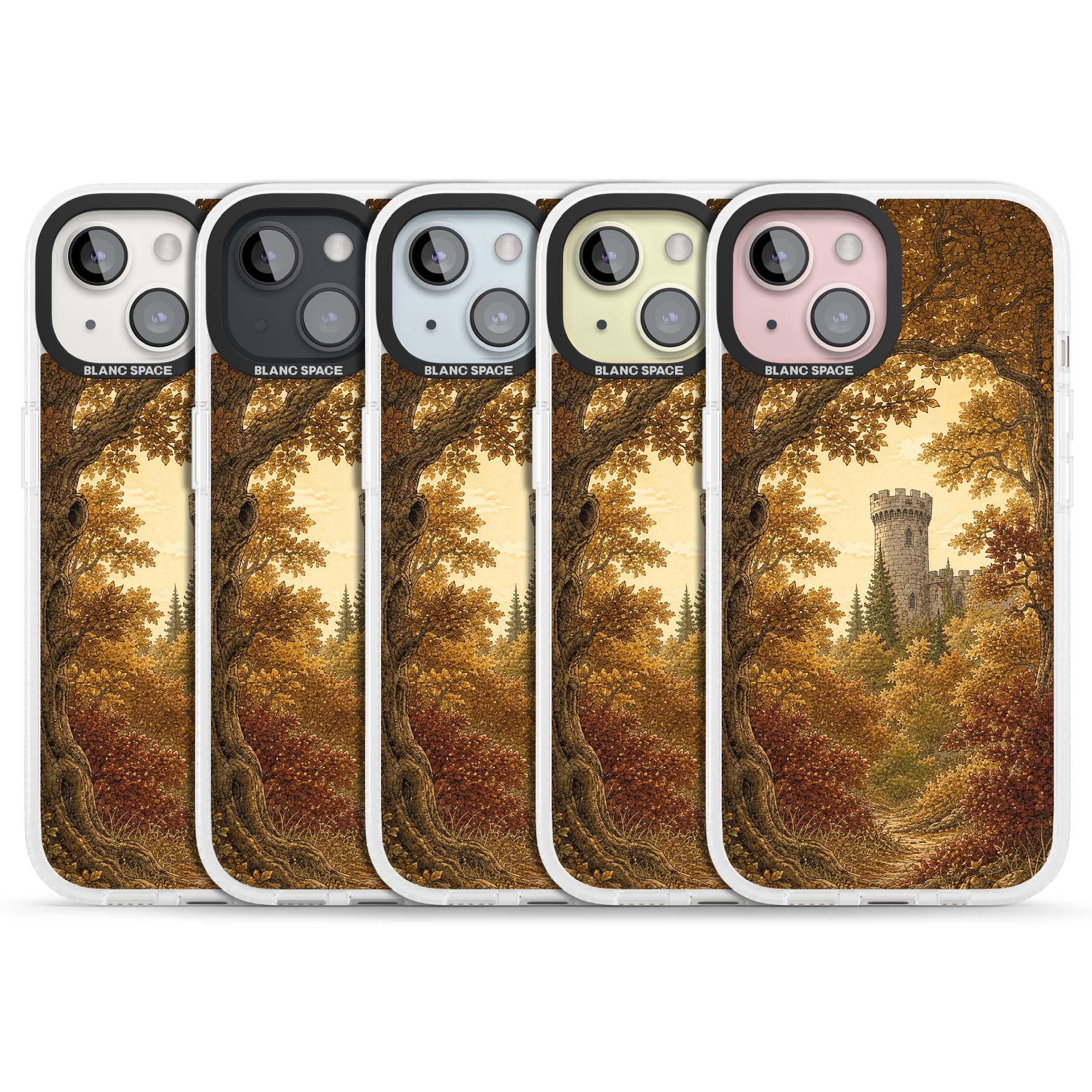 Autumn Keep cottagecore iPhone case featuring a medieval castle tower framed by golden autumn trees and woodland foliage | Clear Case Impact Air case for iPhone 15, iPhone 15 Plus
