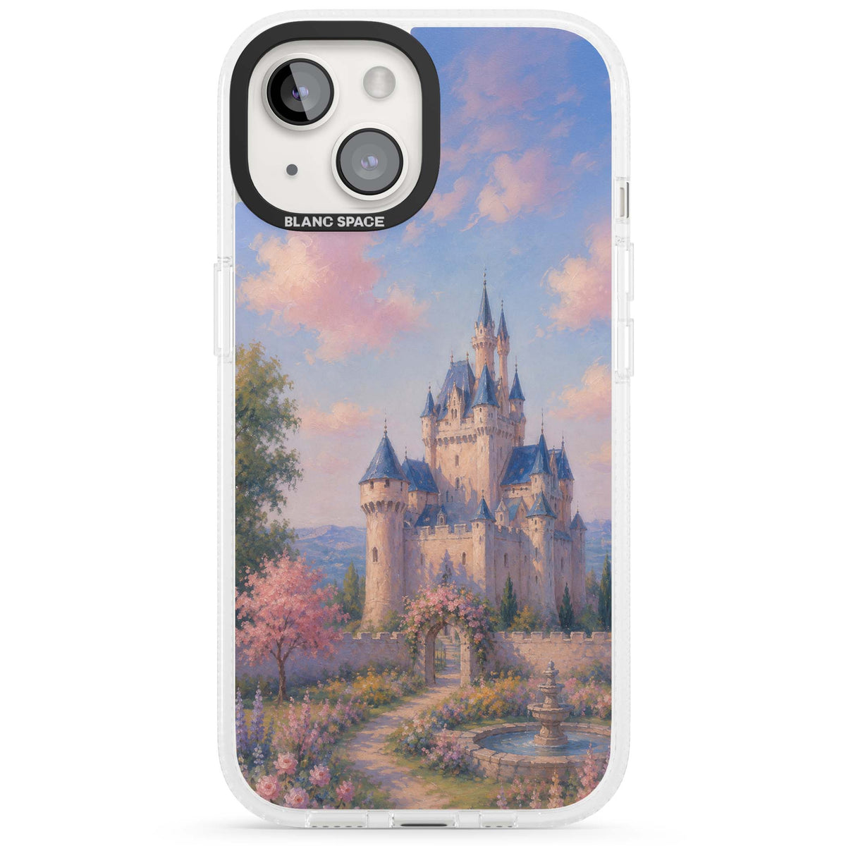 Enchanted Kingdom fairytale iPhone case featuring a romantic castle painting with cherry blossoms and pastel pink sky | Clear Case Impact Air case for iPhone 15, iPhone 15 Plus