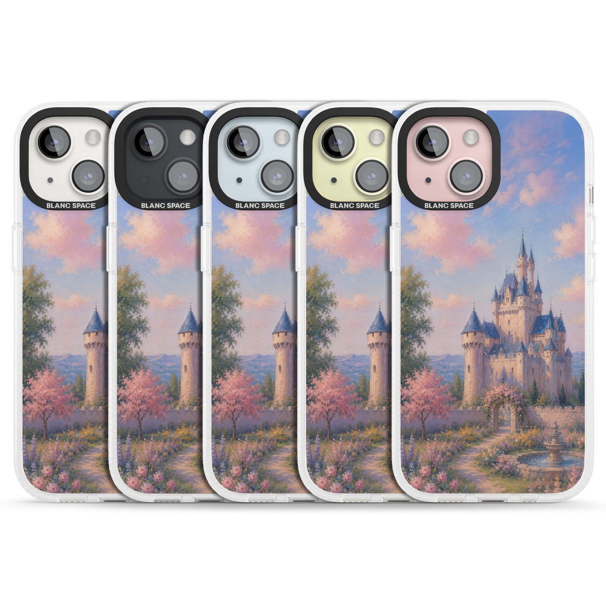 Enchanted Kingdom fairytale iPhone case featuring a romantic castle painting with cherry blossoms and pastel pink sky | Clear Case Impact Air case for iPhone 15, iPhone 15 Plus