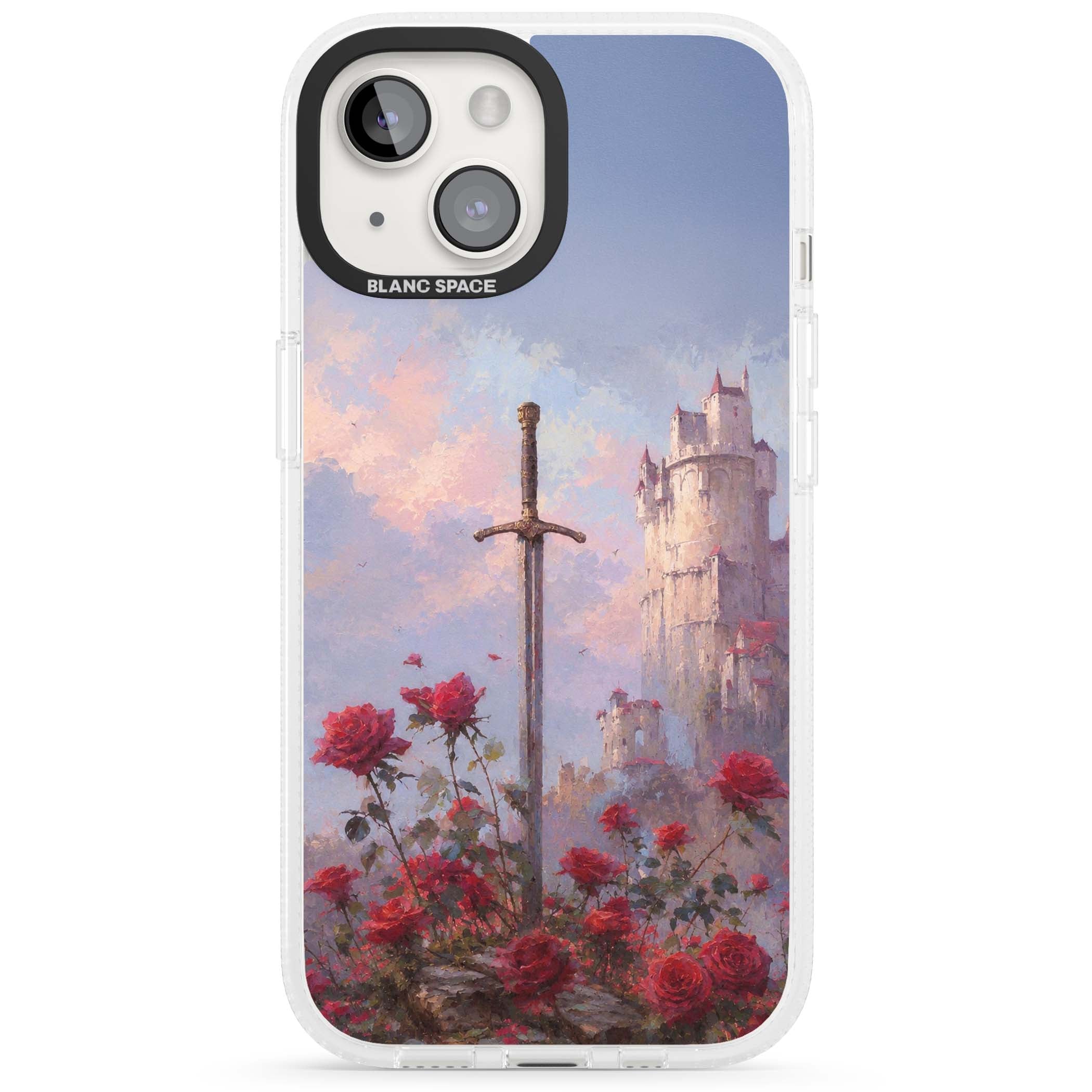 Sword in Roses medieval art iPhone case featuring a sword, red roses, and a misty fairytale castle at sunset | Clear Case Impact Air case for iPhone 15, iPhone 15 Plus