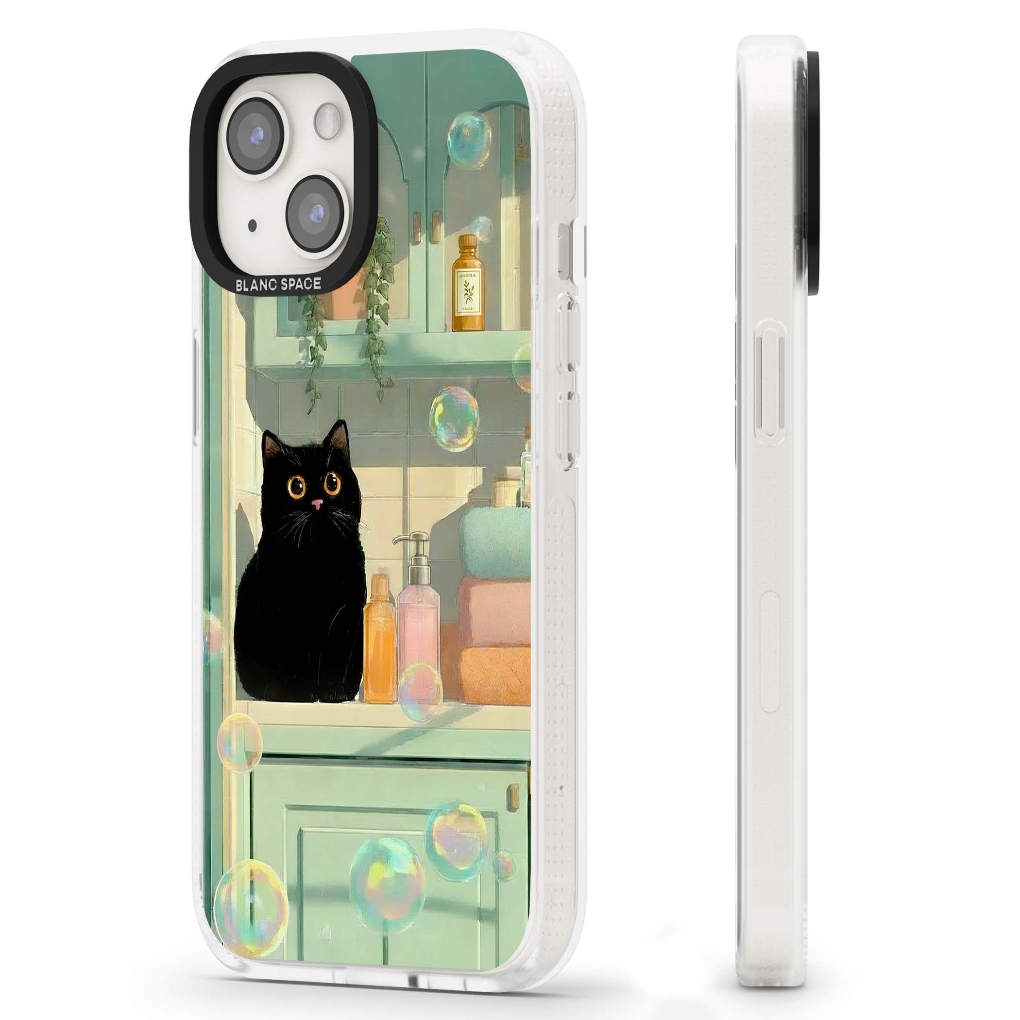 Bathroom Bubble Kitty cottagecore iPhone case featuring a black cat, mint bathroom scene and floating soap bubbles | Clear Case Impact Air case for iPhone 15, iPhone 15 Plus