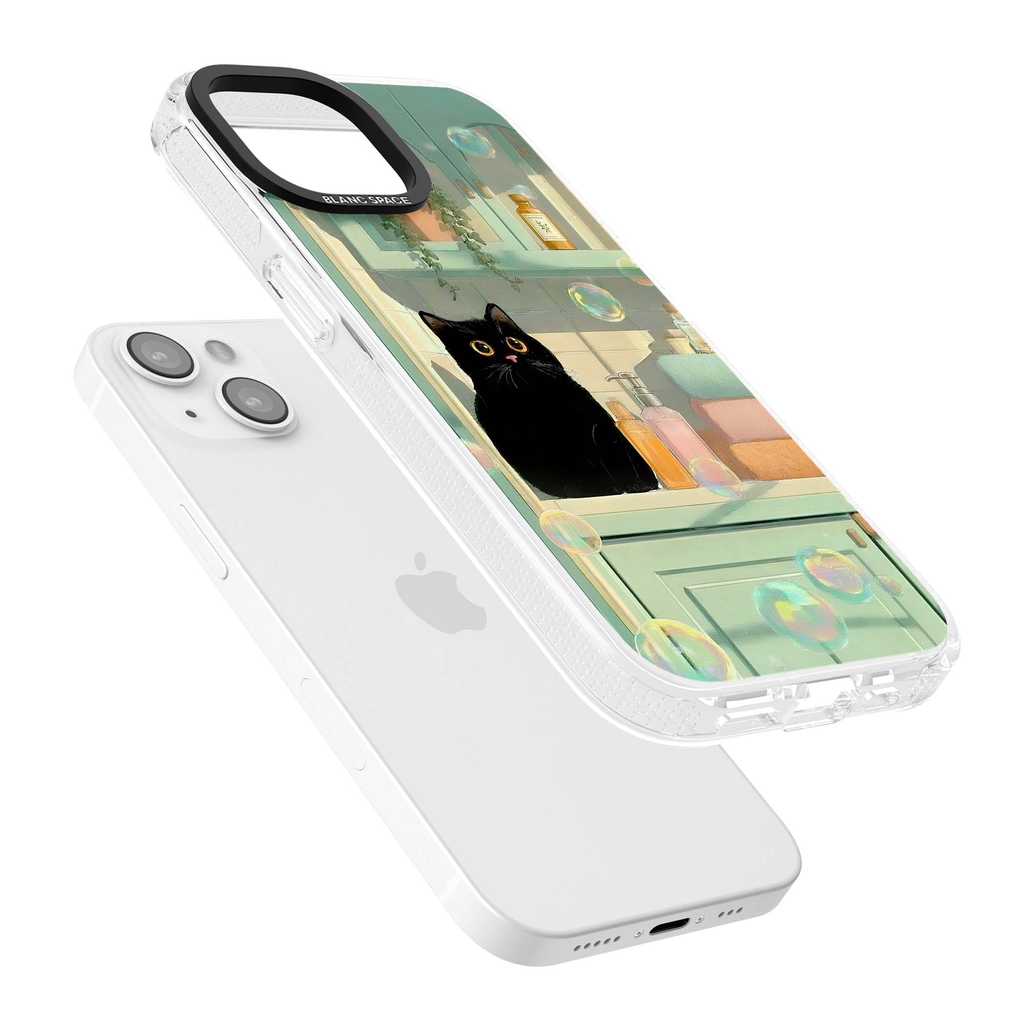 Bathroom Bubble Kitty cottagecore iPhone case featuring a black cat, mint bathroom scene and floating soap bubbles | Clear Case Impact Air case for iPhone 15, iPhone 15 Plus