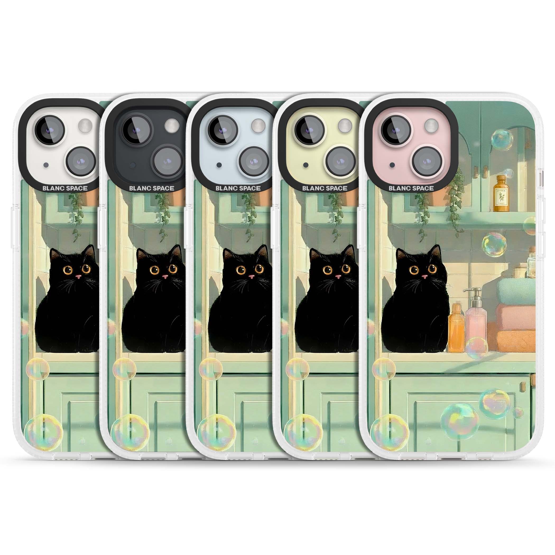 Bathroom Bubble Kitty cottagecore iPhone case featuring a black cat, mint bathroom scene and floating soap bubbles | Clear Case Impact Air case for iPhone 15, iPhone 15 Plus