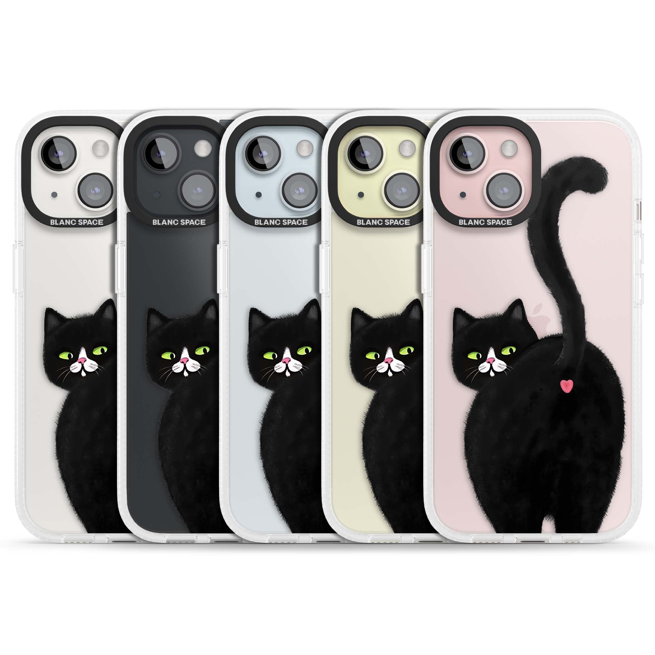 The Cat's Kiss cute cat iPhone case featuring a hand-painted tuxedo kitty with green eyes and a pink heart on a clear | Clear Case Impact Air case for iPhone 15, iPhone 15 Plus