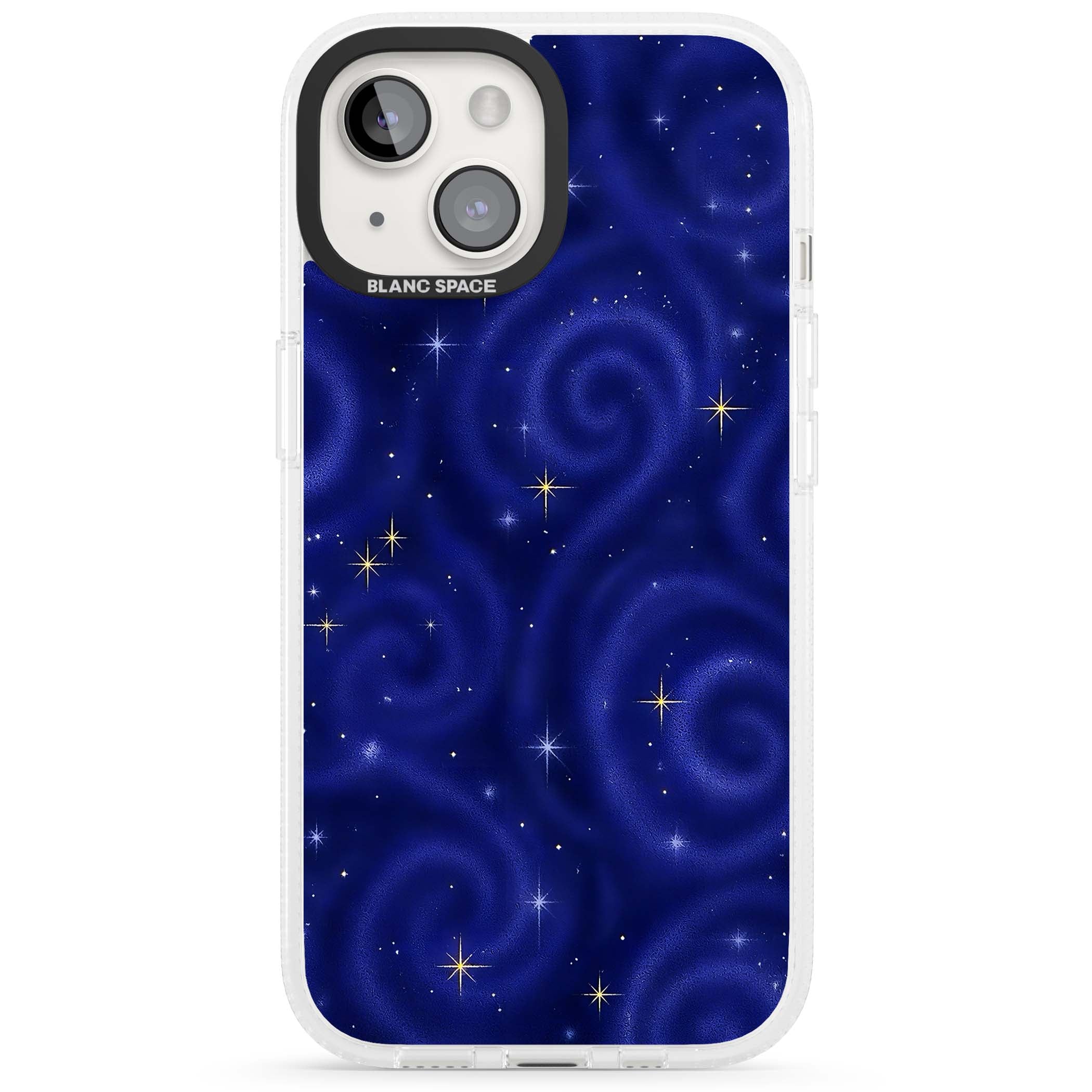Indigo Cosmos celestial iPhone case featuring swirling navy night sky and sparkling golden stars | Clear Case Impact Air case for iPhone 15, iPhone 15 Plus