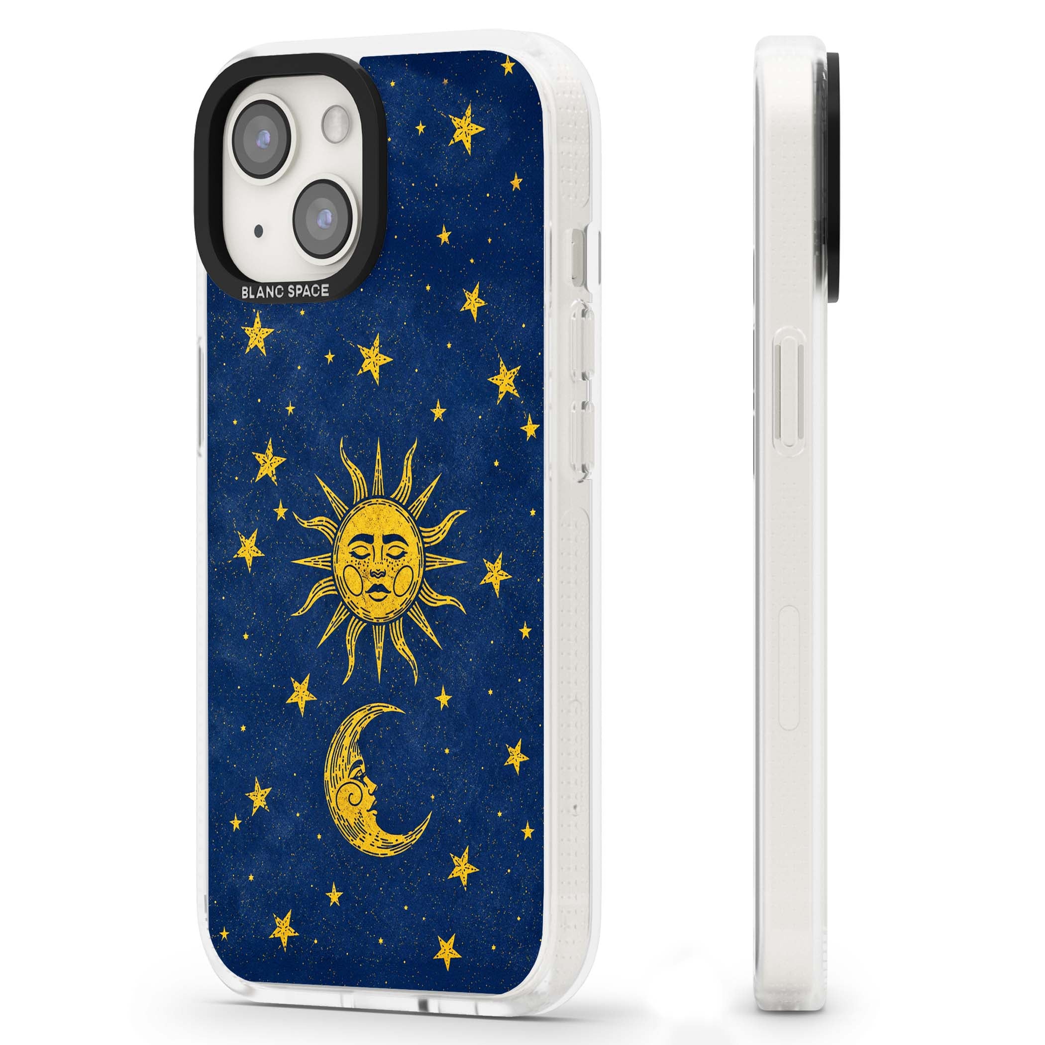 Sun & Moon Reverie celestial iPhone case featuring a vintage golden sun, crescent moon and scattered stars on midnight blue | Clear Case Impact Air case for iPhone 15, iPhone 15 Plus
