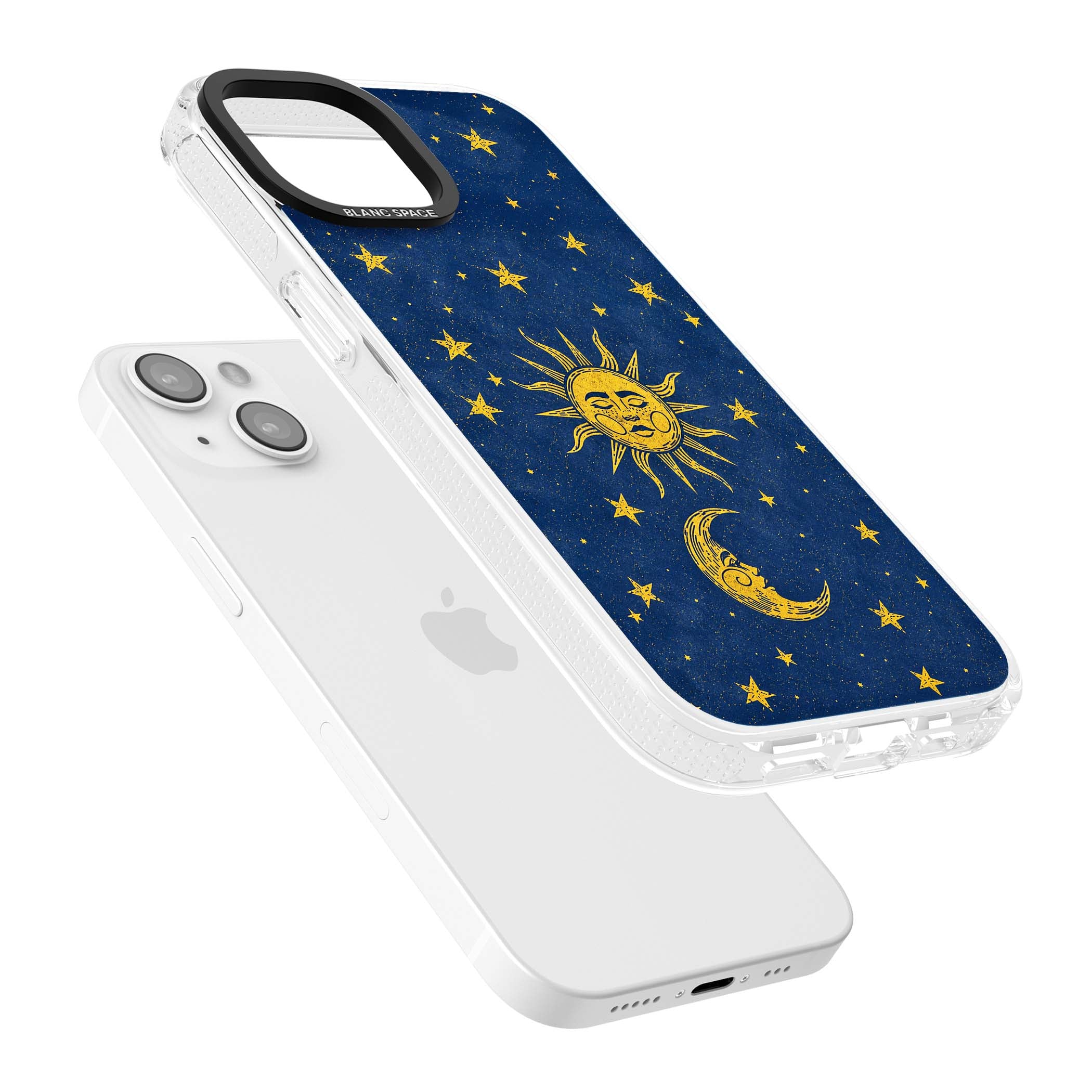 Sun & Moon Reverie celestial iPhone case featuring a vintage golden sun, crescent moon and scattered stars on midnight blue | Clear Case Impact Air case for iPhone 15, iPhone 15 Plus