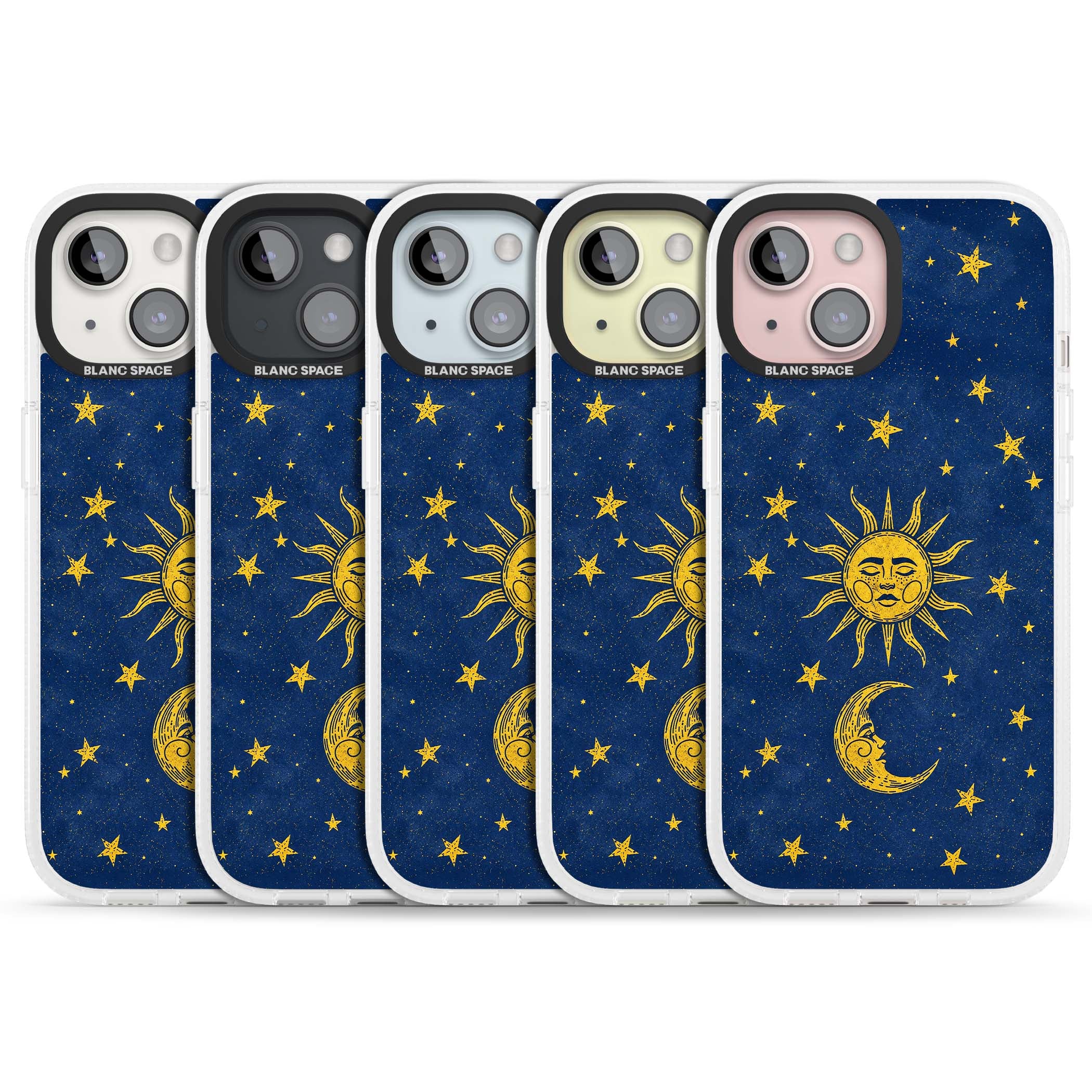Sun & Moon Reverie celestial iPhone case featuring a vintage golden sun, crescent moon and scattered stars on midnight blue | Clear Case Impact Air case for iPhone 15, iPhone 15 Plus