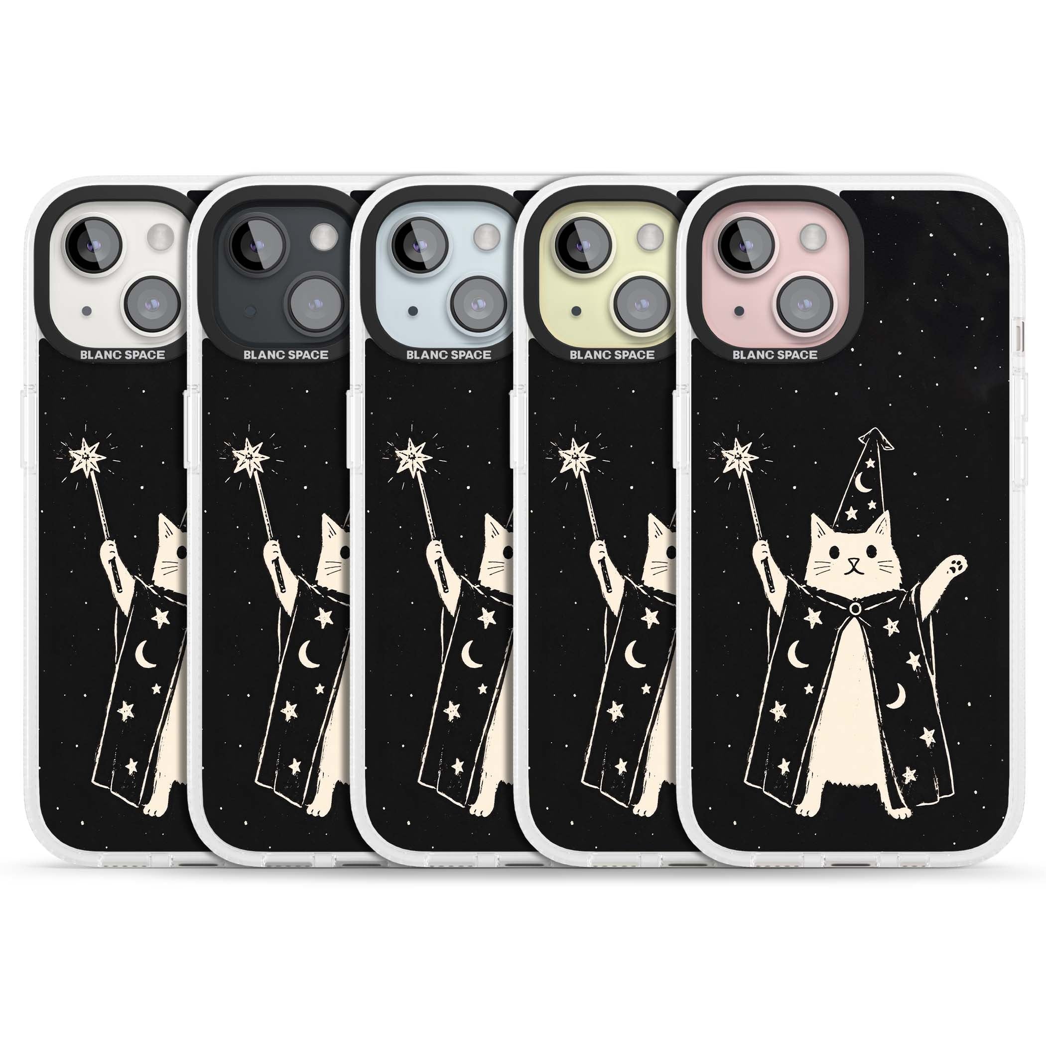 Whisker Wizard celestial cat iPhone case featuring a wizard cat with magic wand, starry night sky and crescent moons | Clear Case Impact Air case for iPhone 15, iPhone 15 Plus
