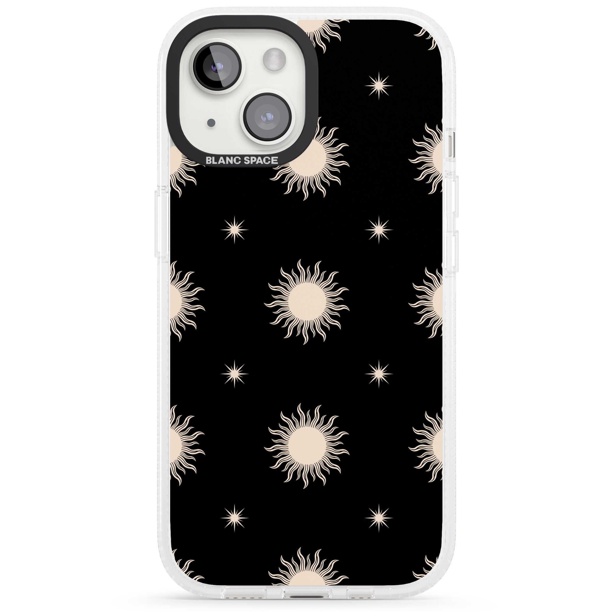 Celestial Patterns Classic Suns (Black) iPhone 15 / 14 / 13 Clear Case Impact Air - Blanc Space