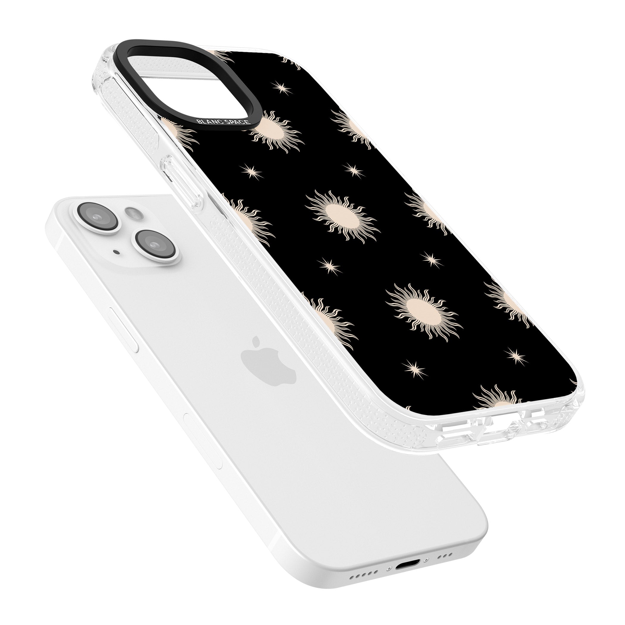 Celestial Patterns Classic Suns (Black) iPhone 15 / 14 / 13 Clear Case Impact Air - Blanc Space