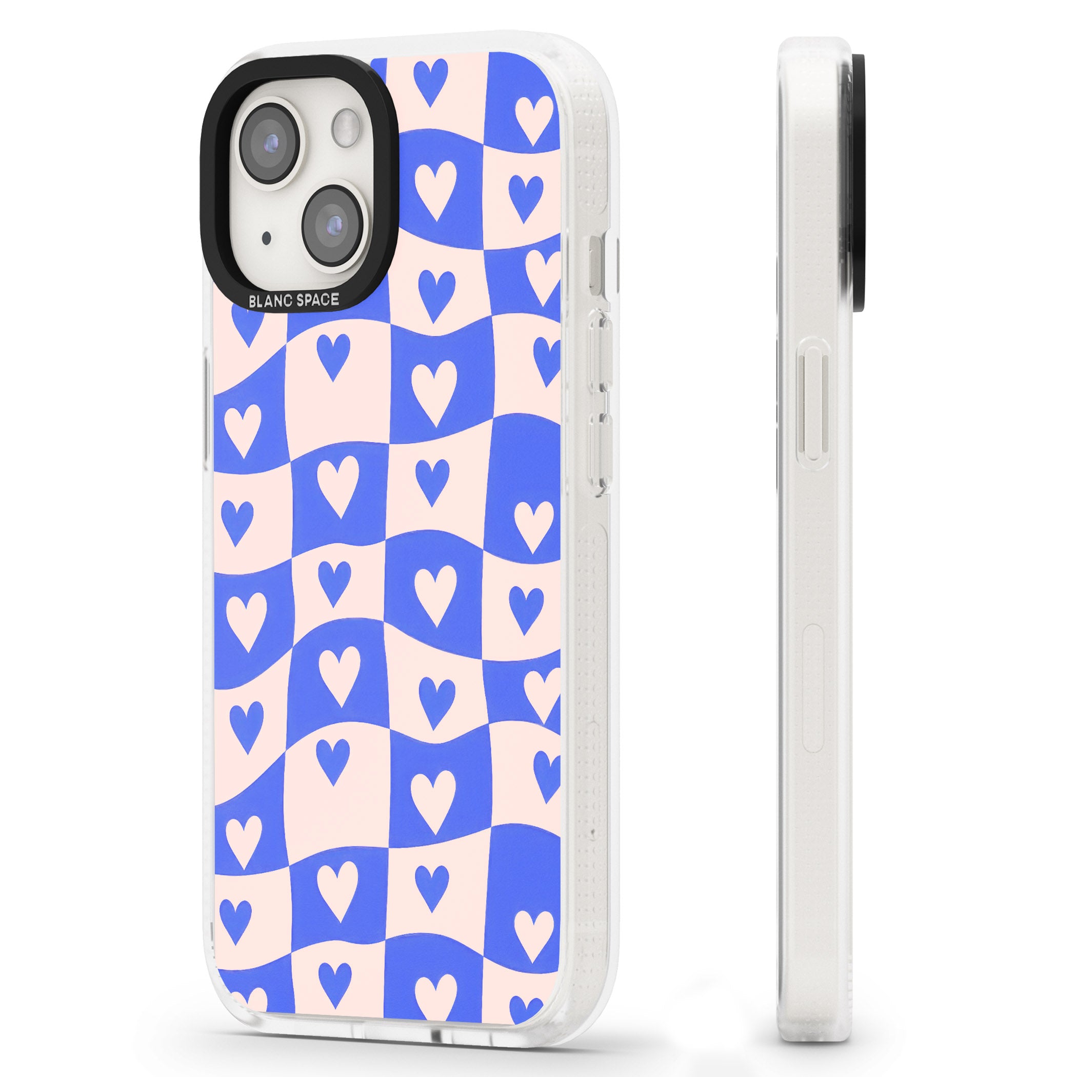 Blue Wavy Checked & Hearts iPhone 15 / 14 / 13 Clear Case Impact Air - Blanc Space