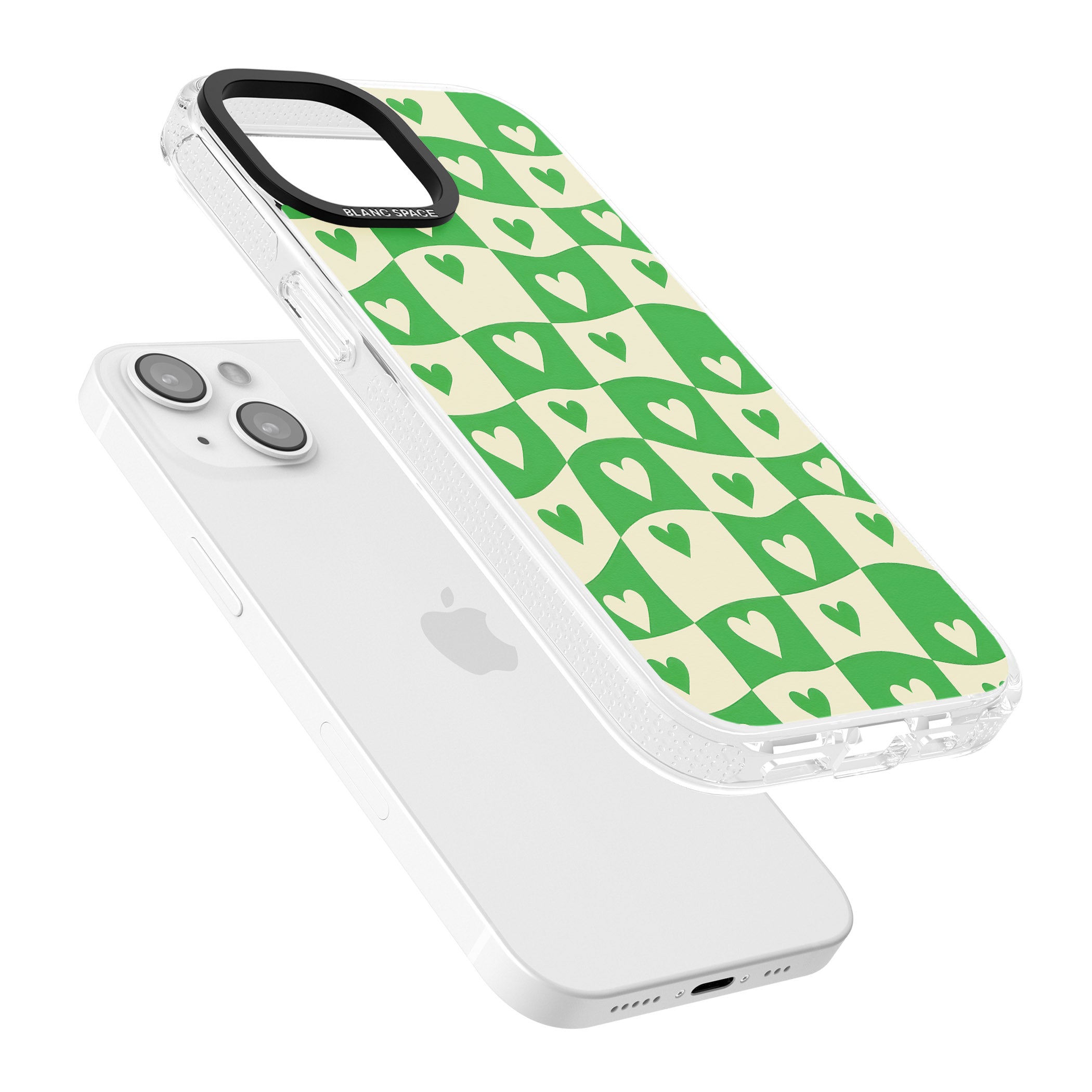 Green Wavy Checked & Hearts iPhone 15 / 14 / 13 Clear Case Impact Air - Blanc Space
