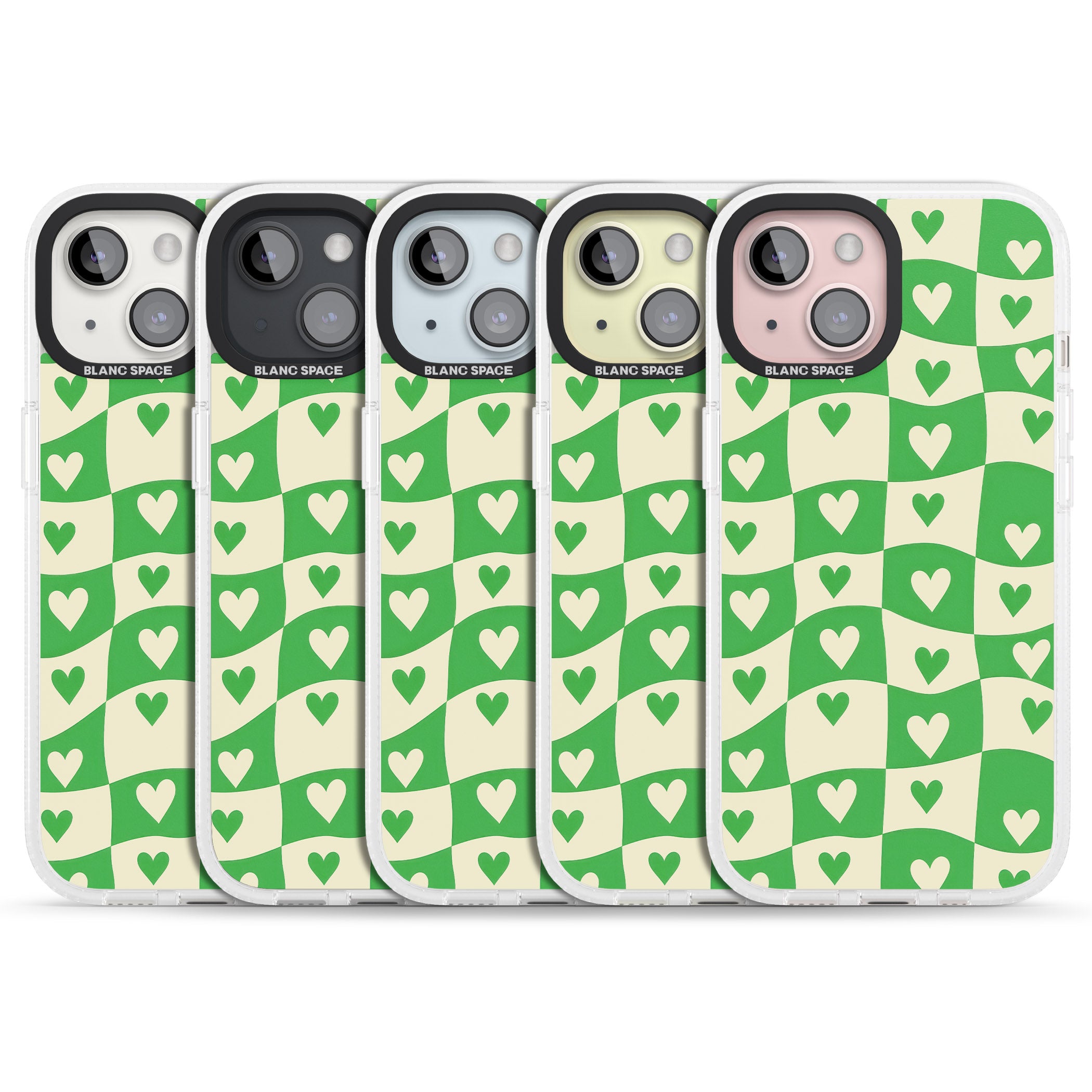 Green Wavy Checked & Hearts iPhone 15 / 14 / 13 Clear Case Impact Air - Blanc Space